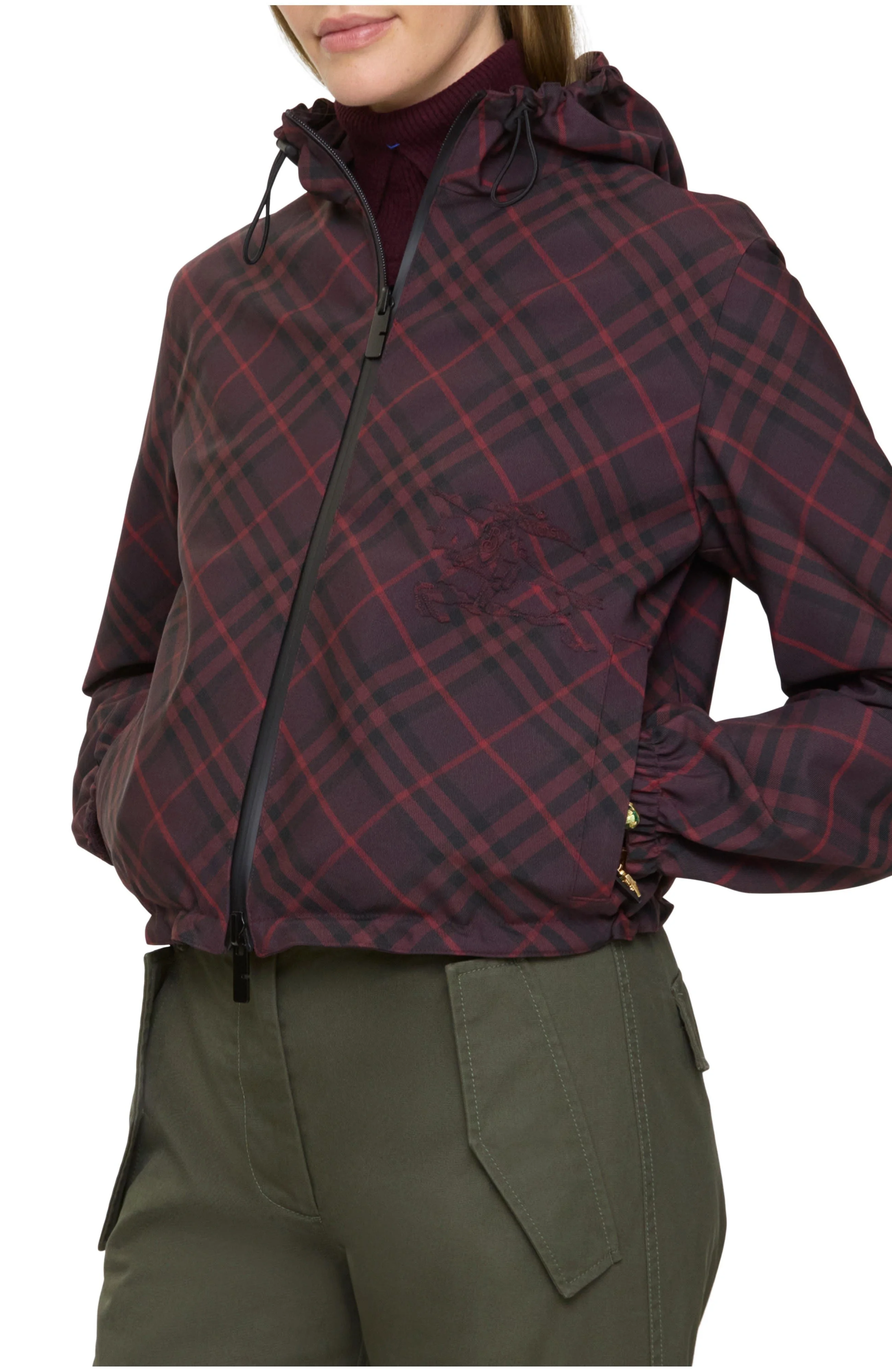 burberry Cropped Reversible Check Hooded Jacket in Wine Red at Nordstrom - 1