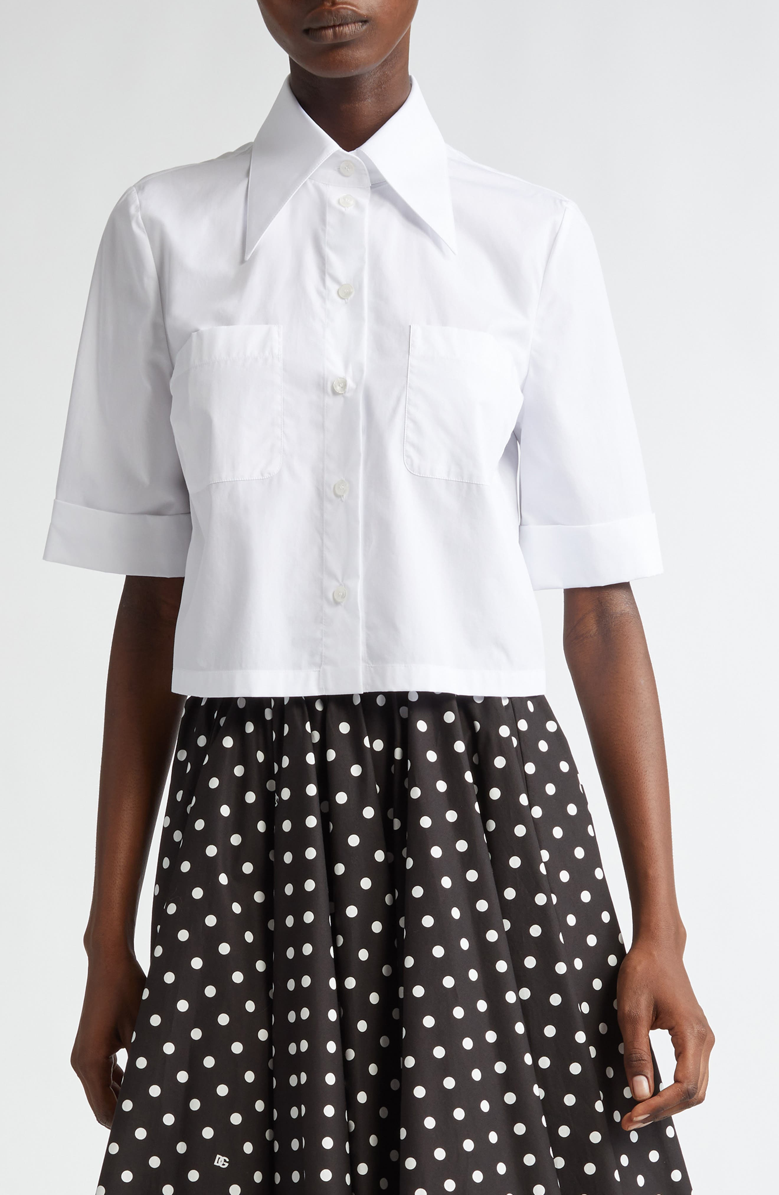 Dolce&Gabbana Point Collar Cotton Crop Shirt in W0800 Bianco Ottico at Nordstrom - 1