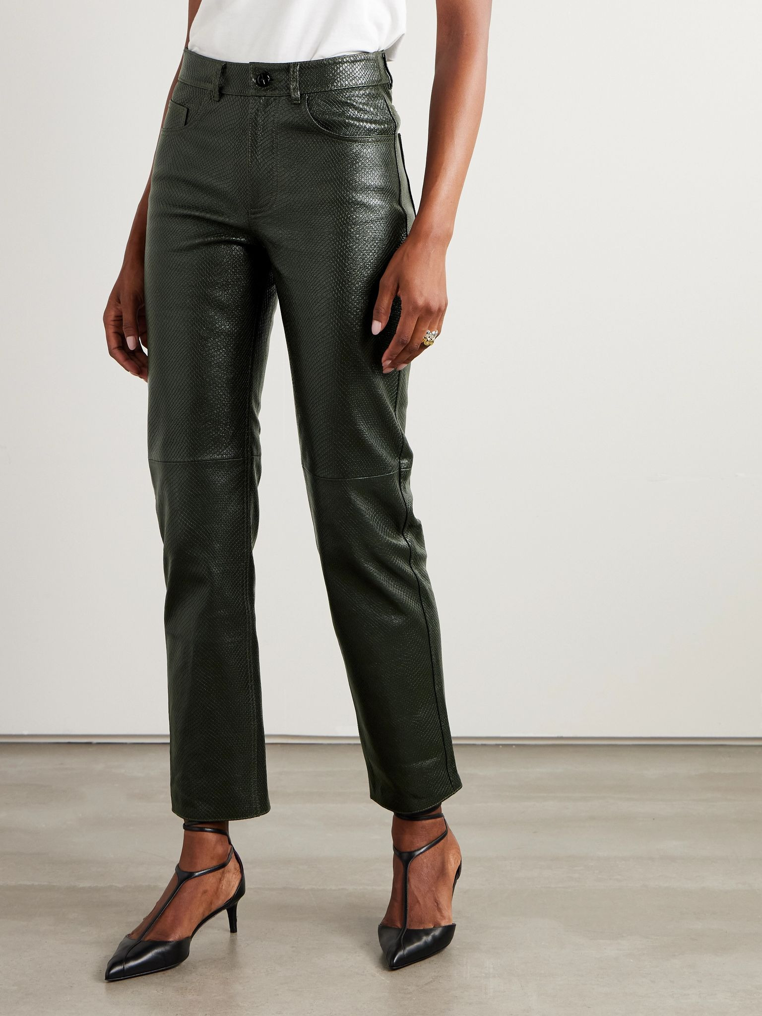 Emera snake-effect leather straight-leg pants Green - 3