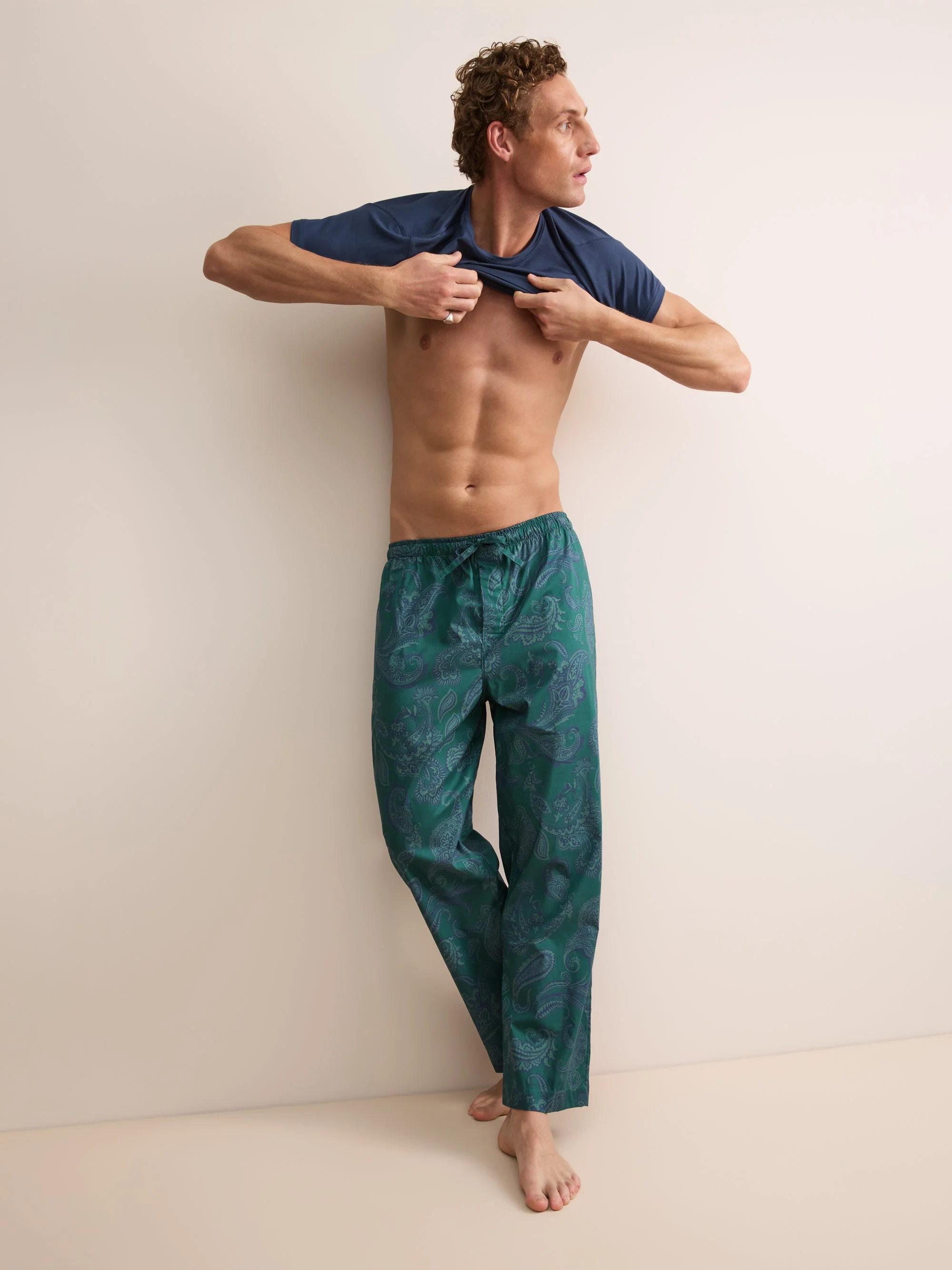 Ledbury Cotton Batiste Lounge Pants Muted Teal & Navy Paisley - 1