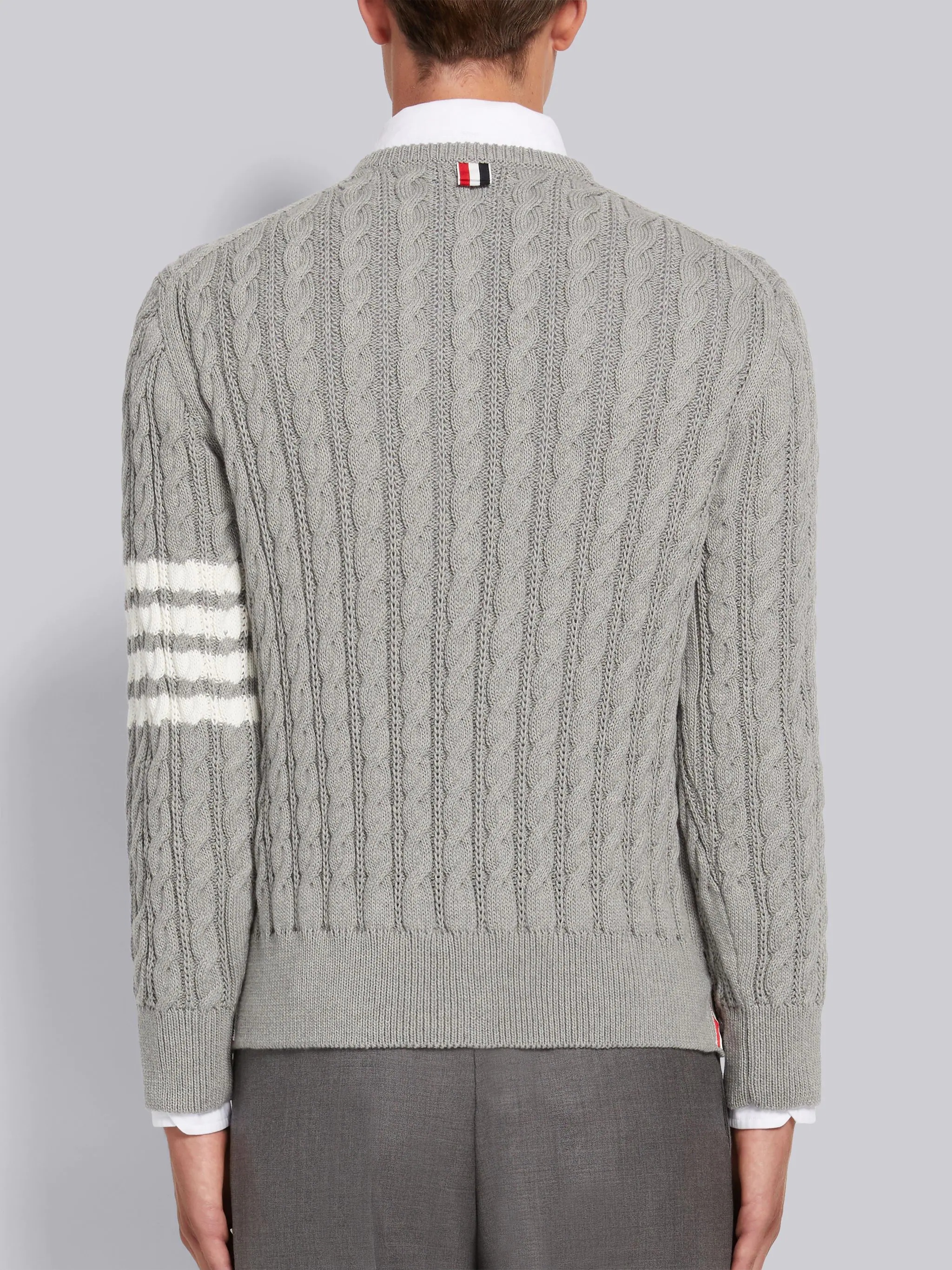 Light Grey Cotton 4-Bar Cable Knit Crew Neck Pullover - 3