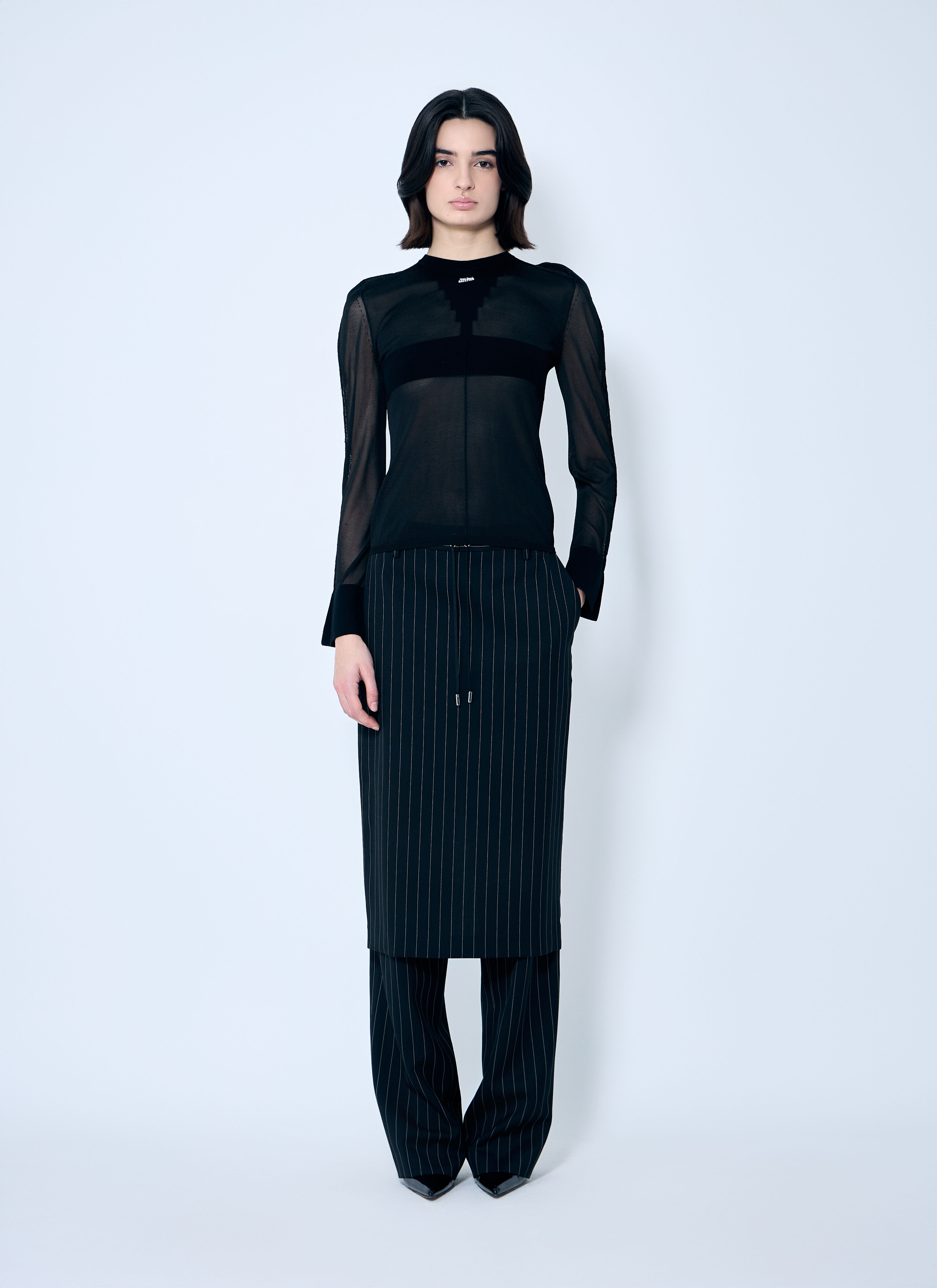 Pinstriped Tailored Pants With Skirt Overlay - 2