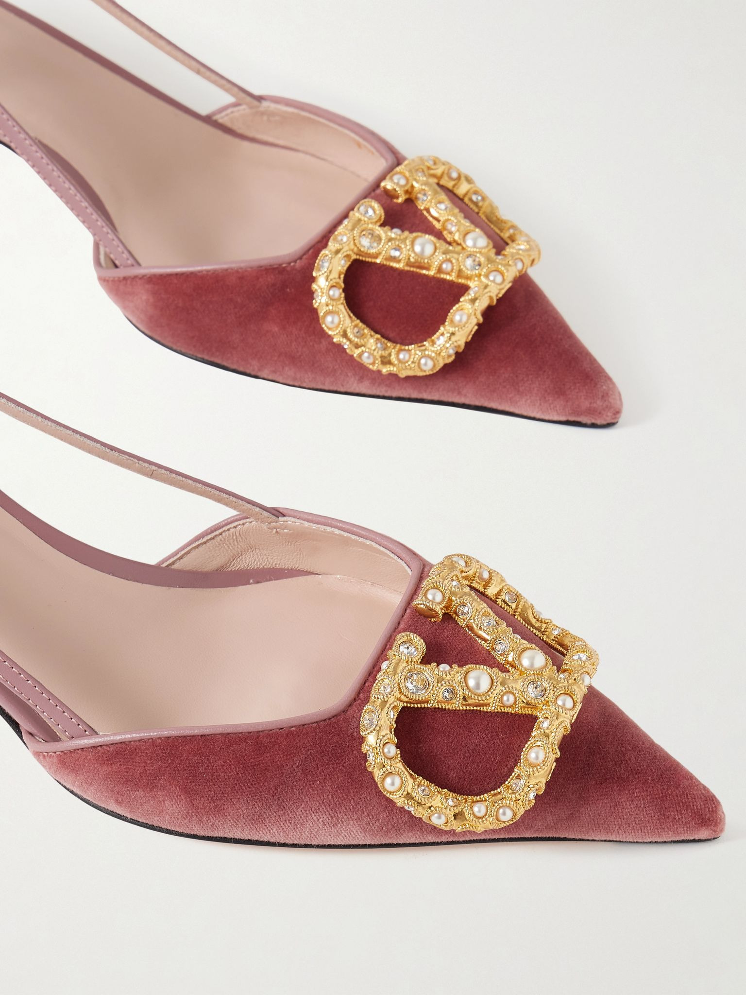 VLogo 50 leather-trimmed embellished velvet slingback pumps Pink - 4