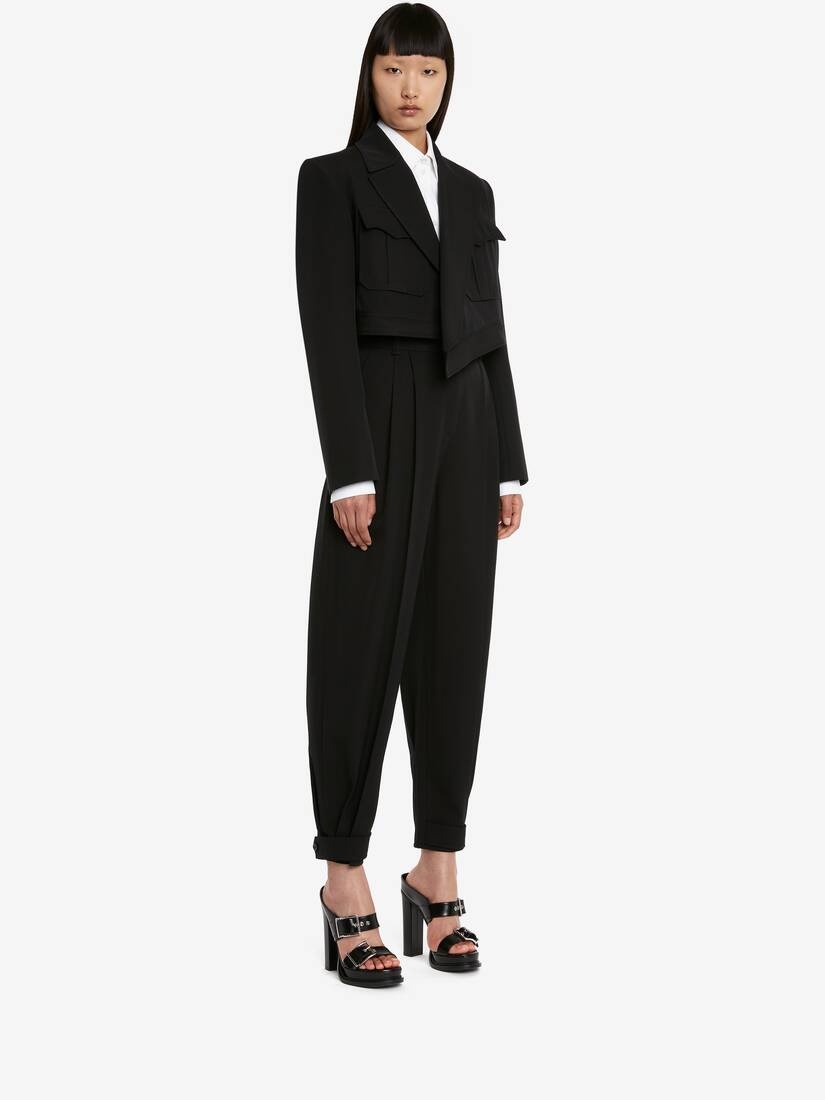 Women's Asymmetric Military Cropped Jacket in Black - 3