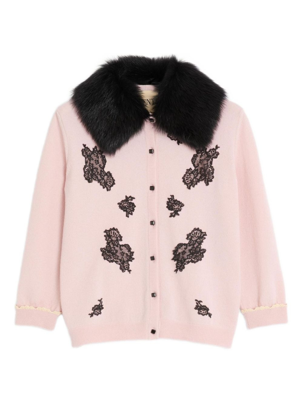lace-embellished shearling-collar cardigan - 1