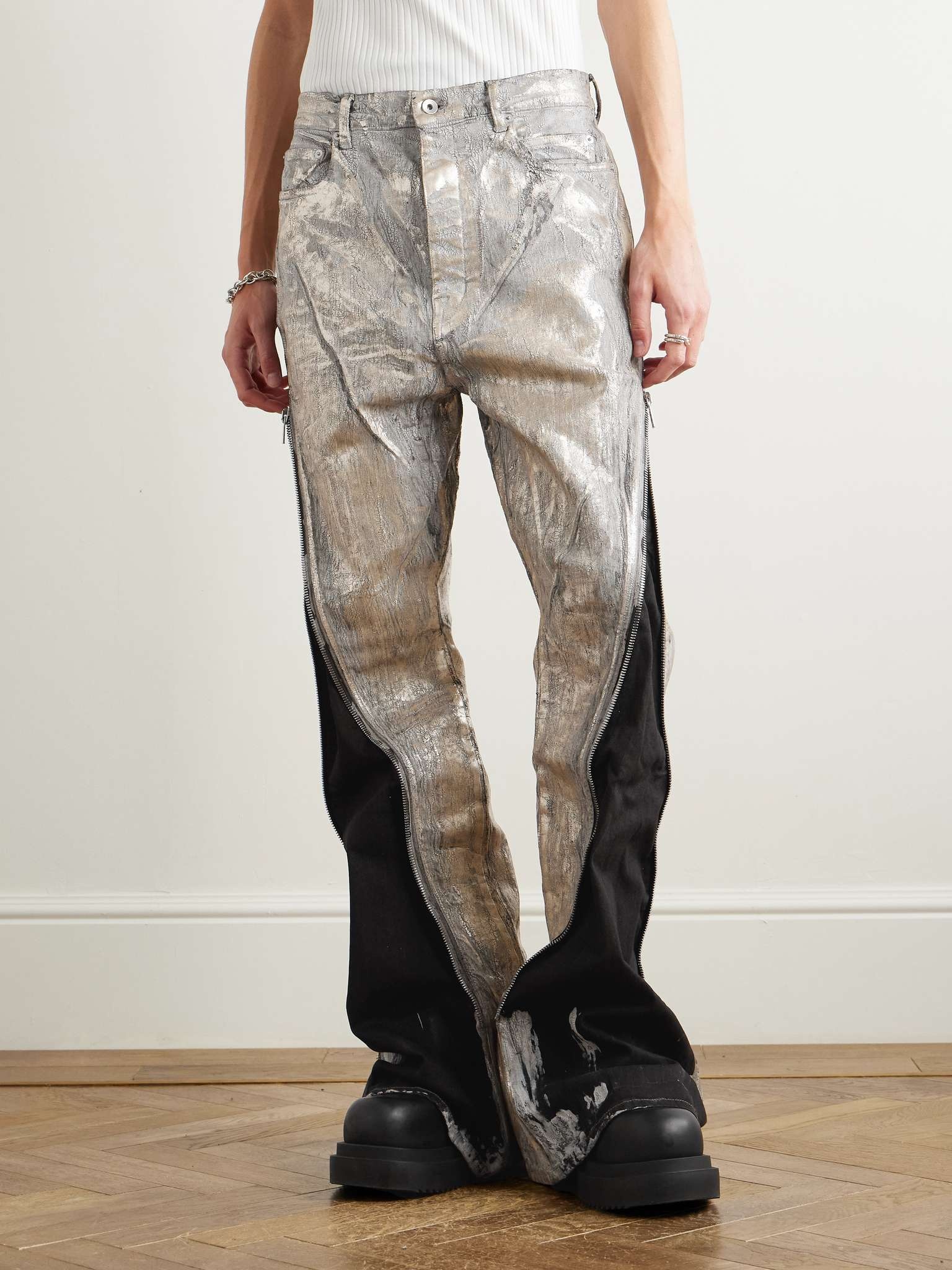 Bolan Flared Zip-Embellished Distressed Metallic Jeans - 3