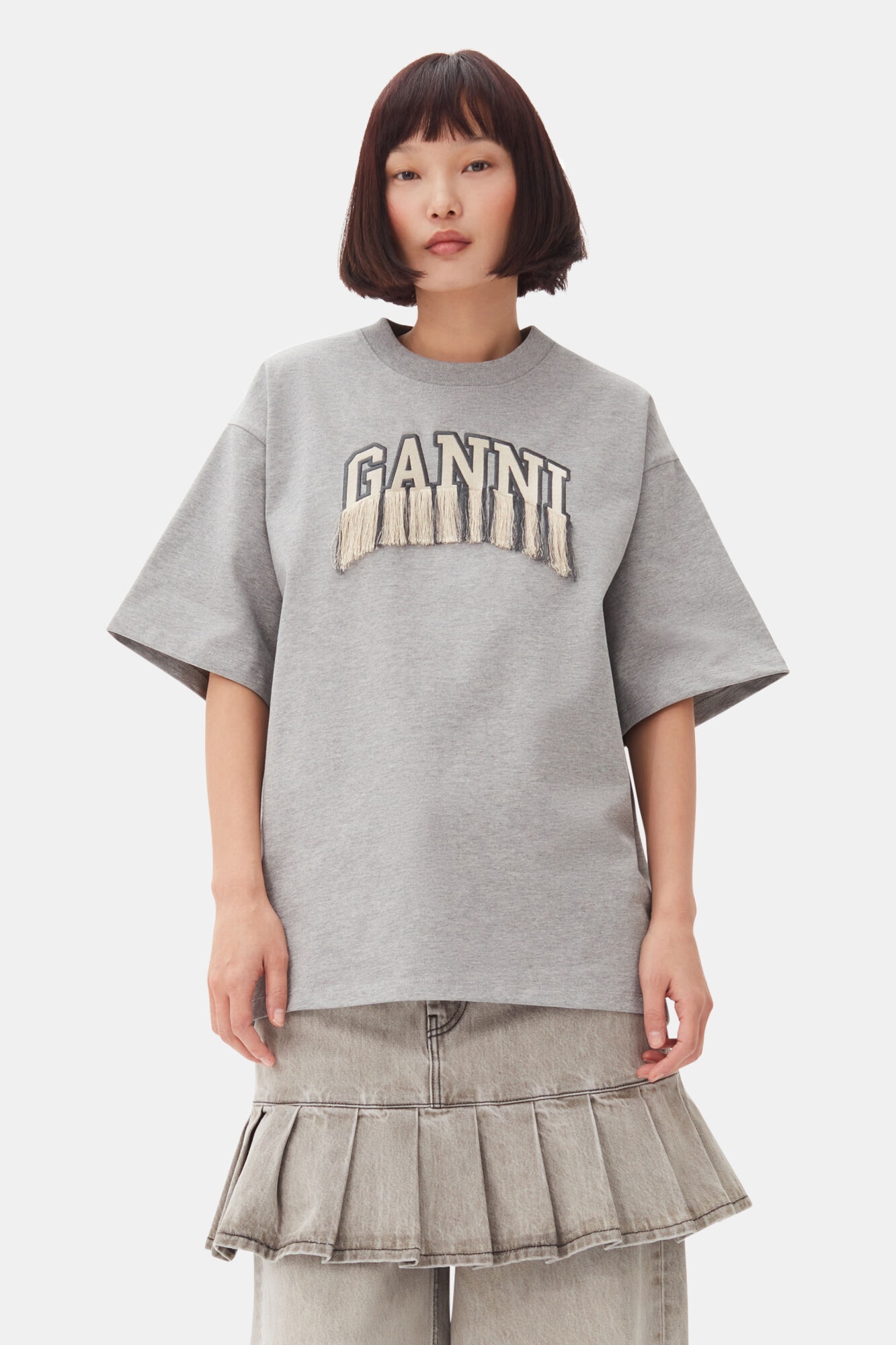 GANNI GREY HEAVY COTTON DROP SHOULDER FRINGE T-SHIRT
