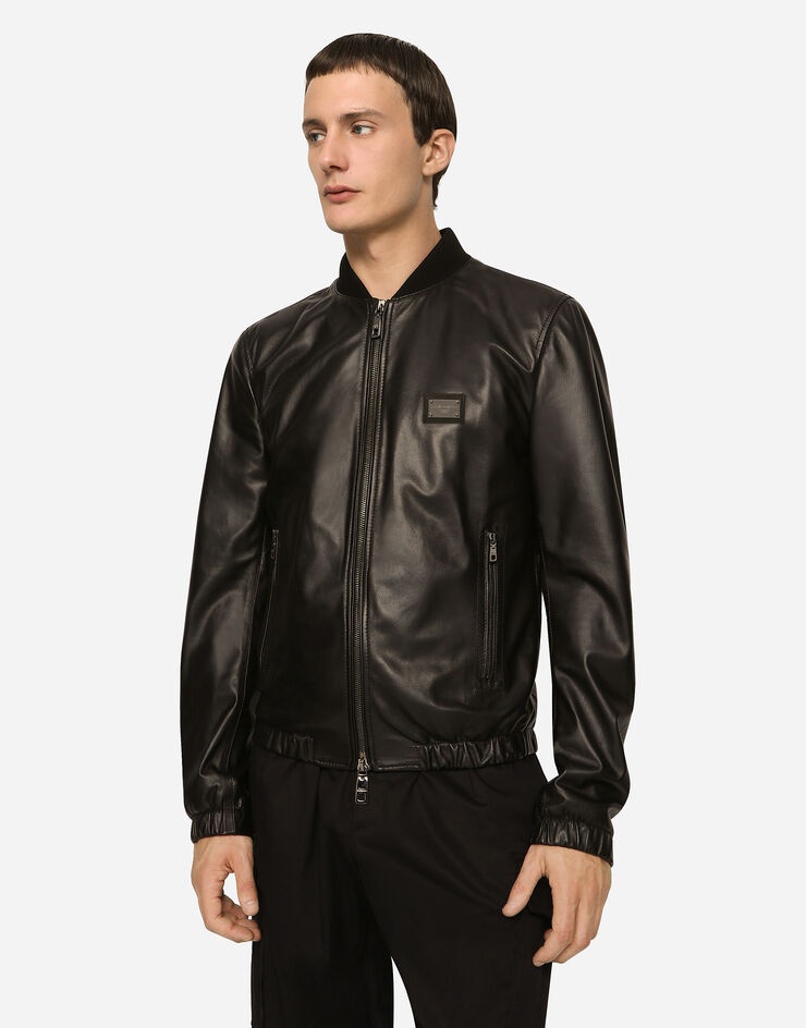 Leather jacket with branded tag - 3