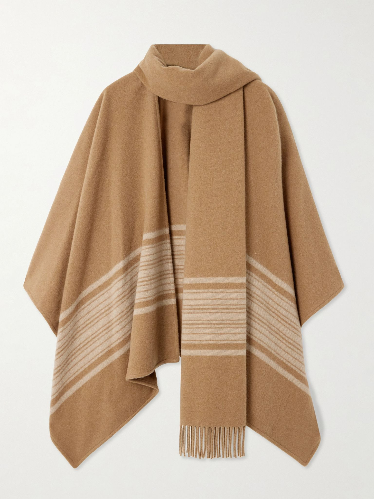 Daisy fringed scarf-detailed striped brushed cashmere cape Camel - 1