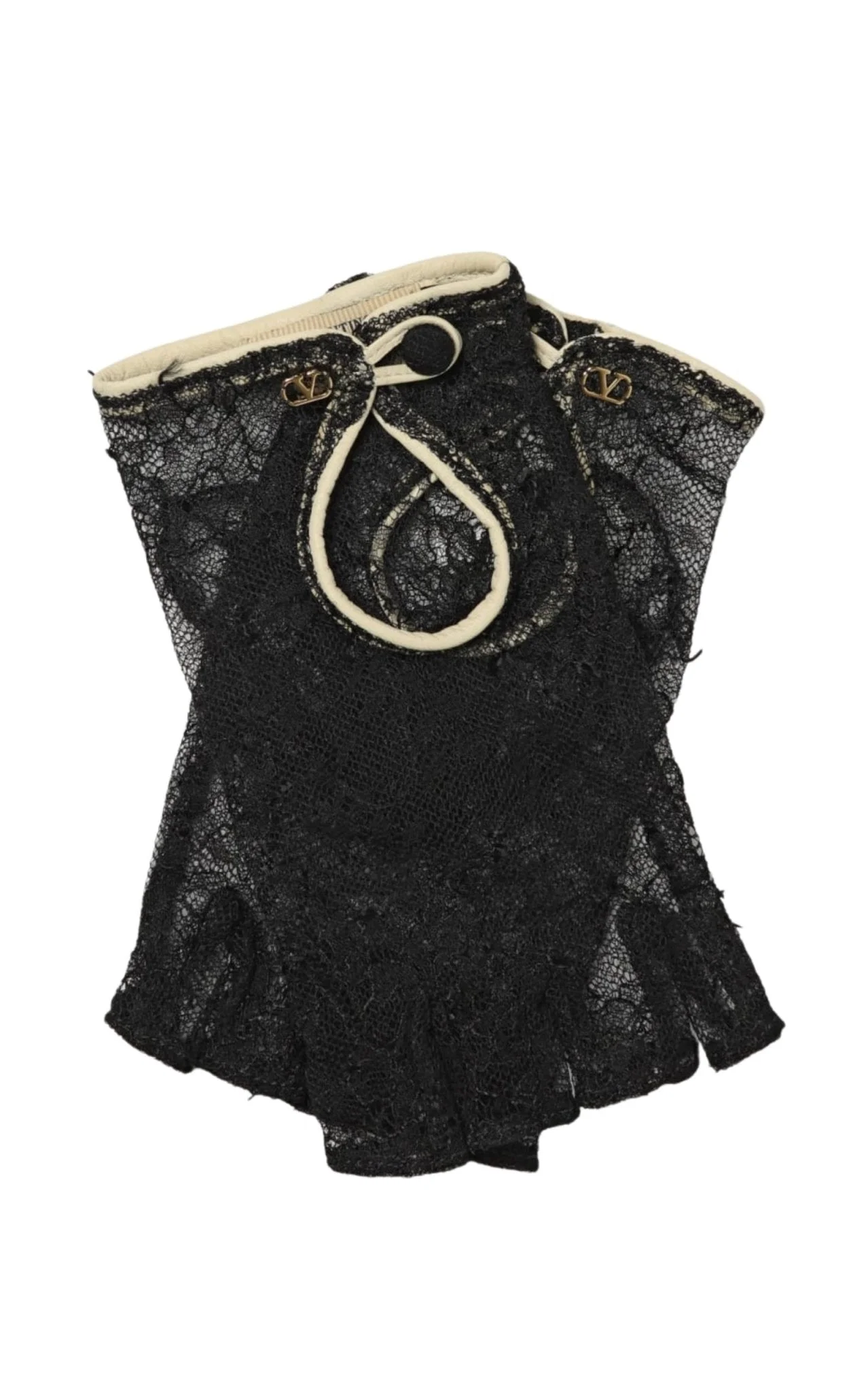 Lace Fingerless Gloves with Leather Trim - 1