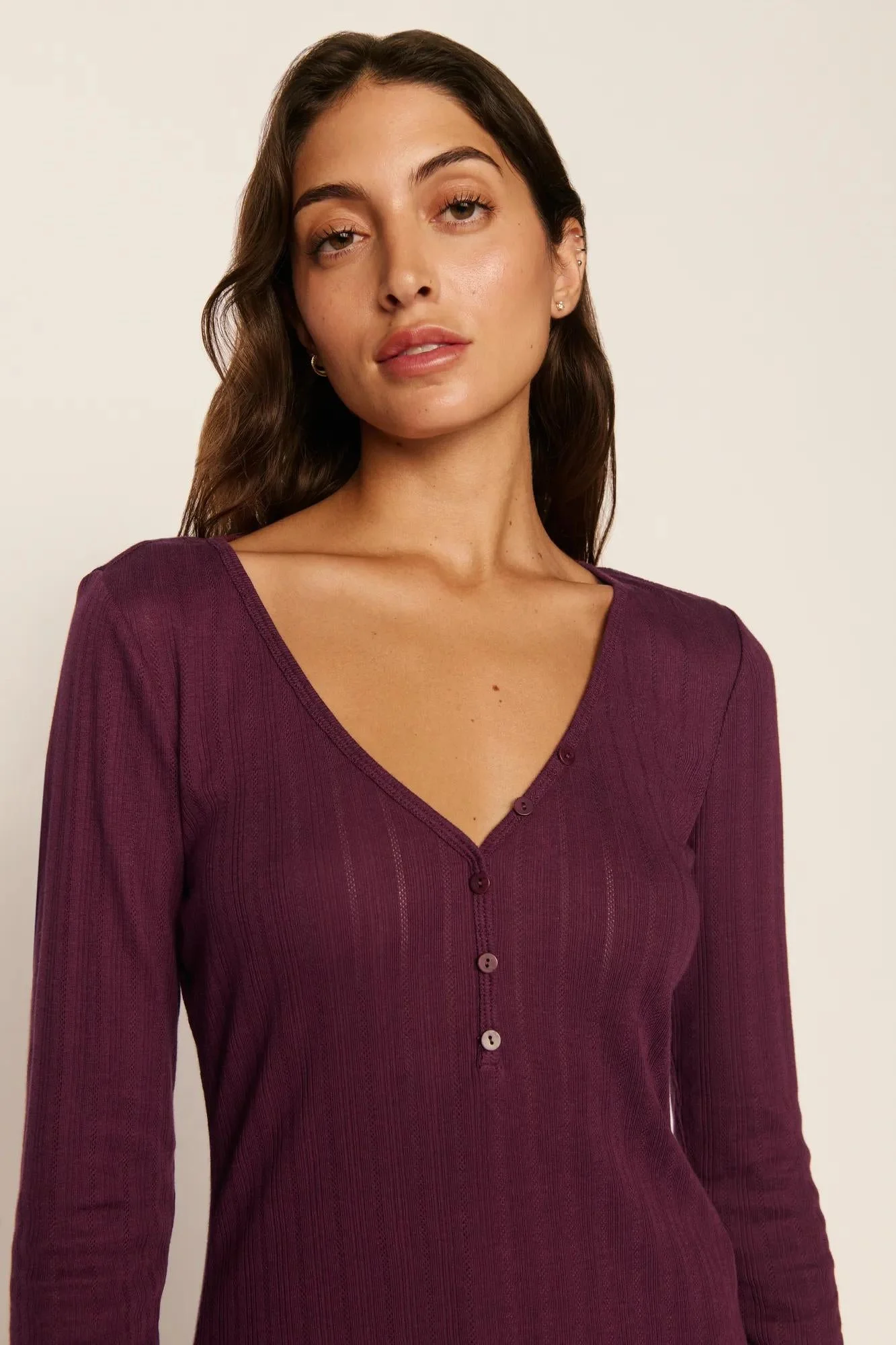 Pointelle V Neck Henley - 1