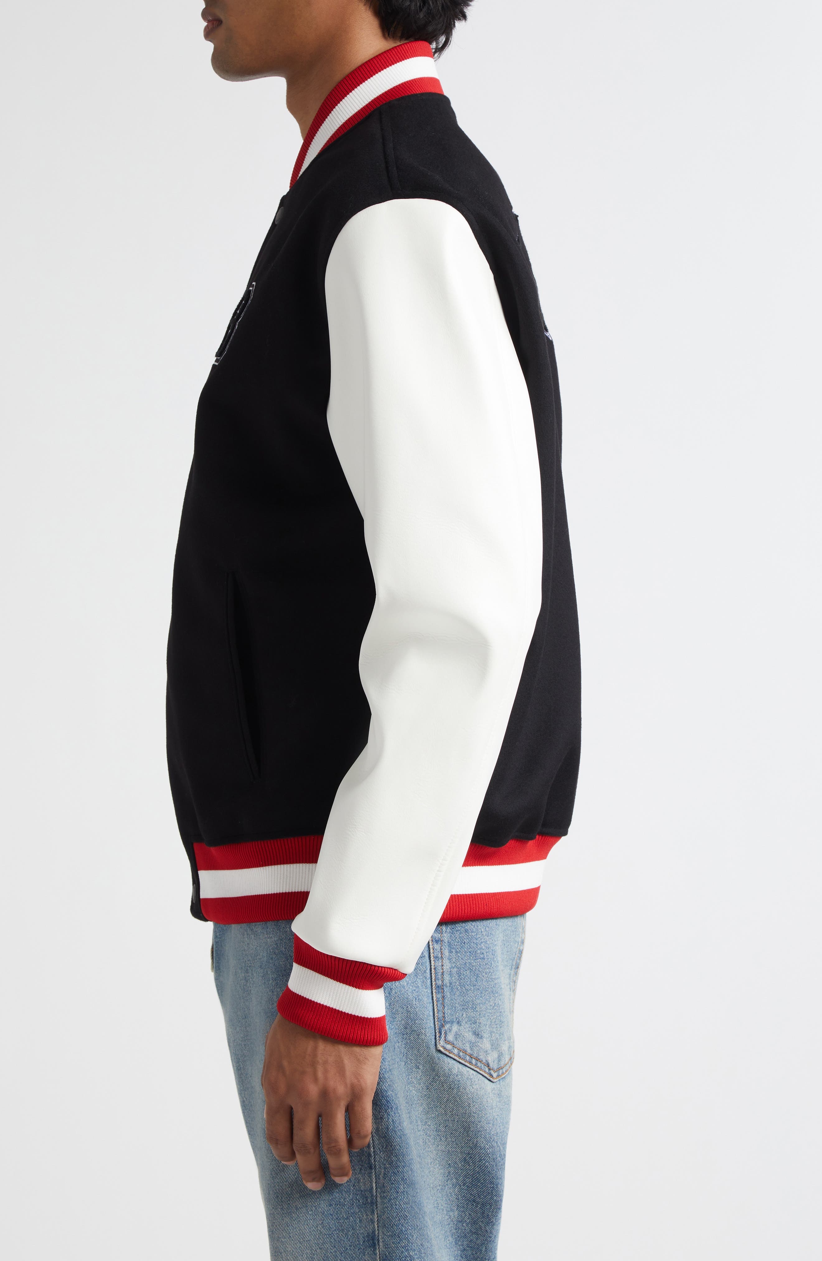 Balmain Logo Embellished Virgin Wool & Faux Leather Varsity Jacket in Ebe Black/White/Red at Nordstr - 3