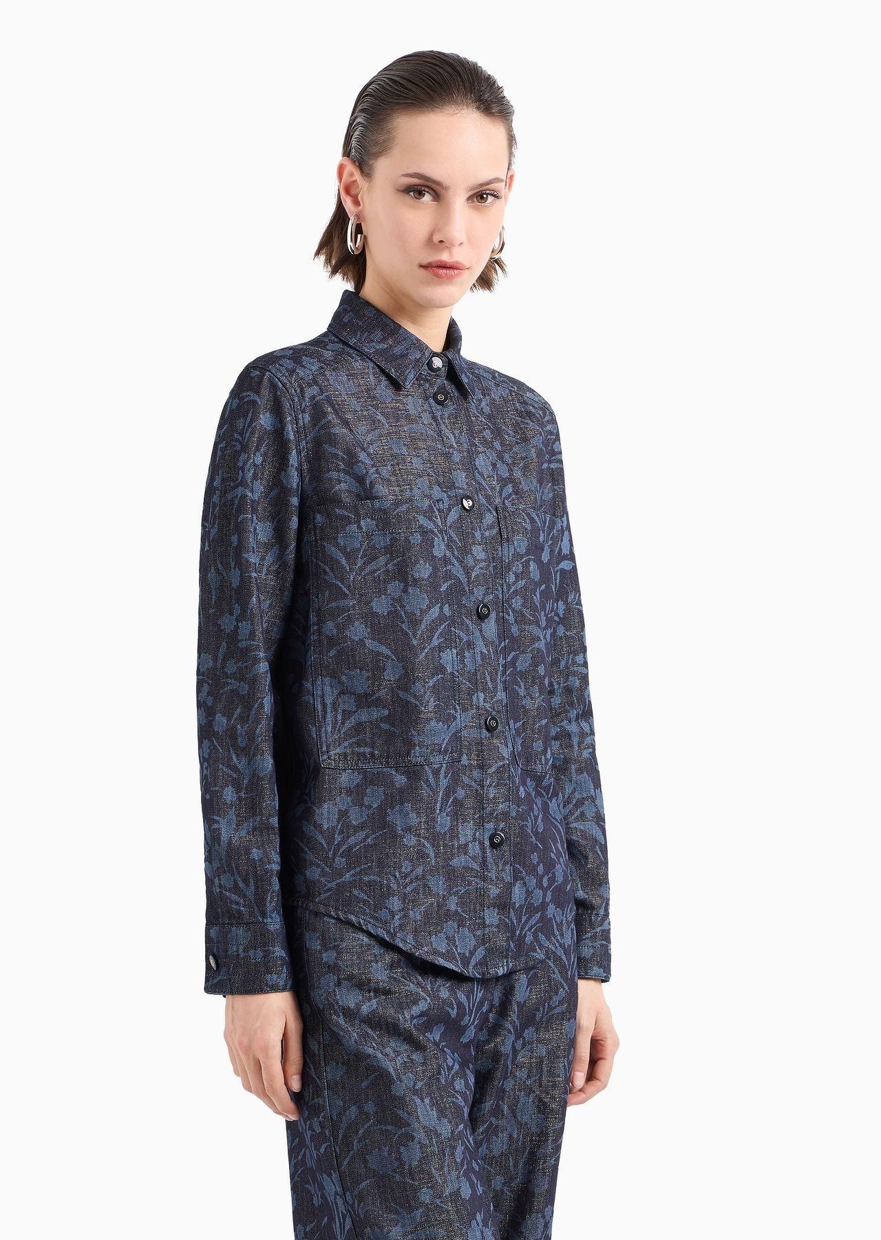 Denim Collection shirt in cotton, viscose and lurex denim with floral motif - 2