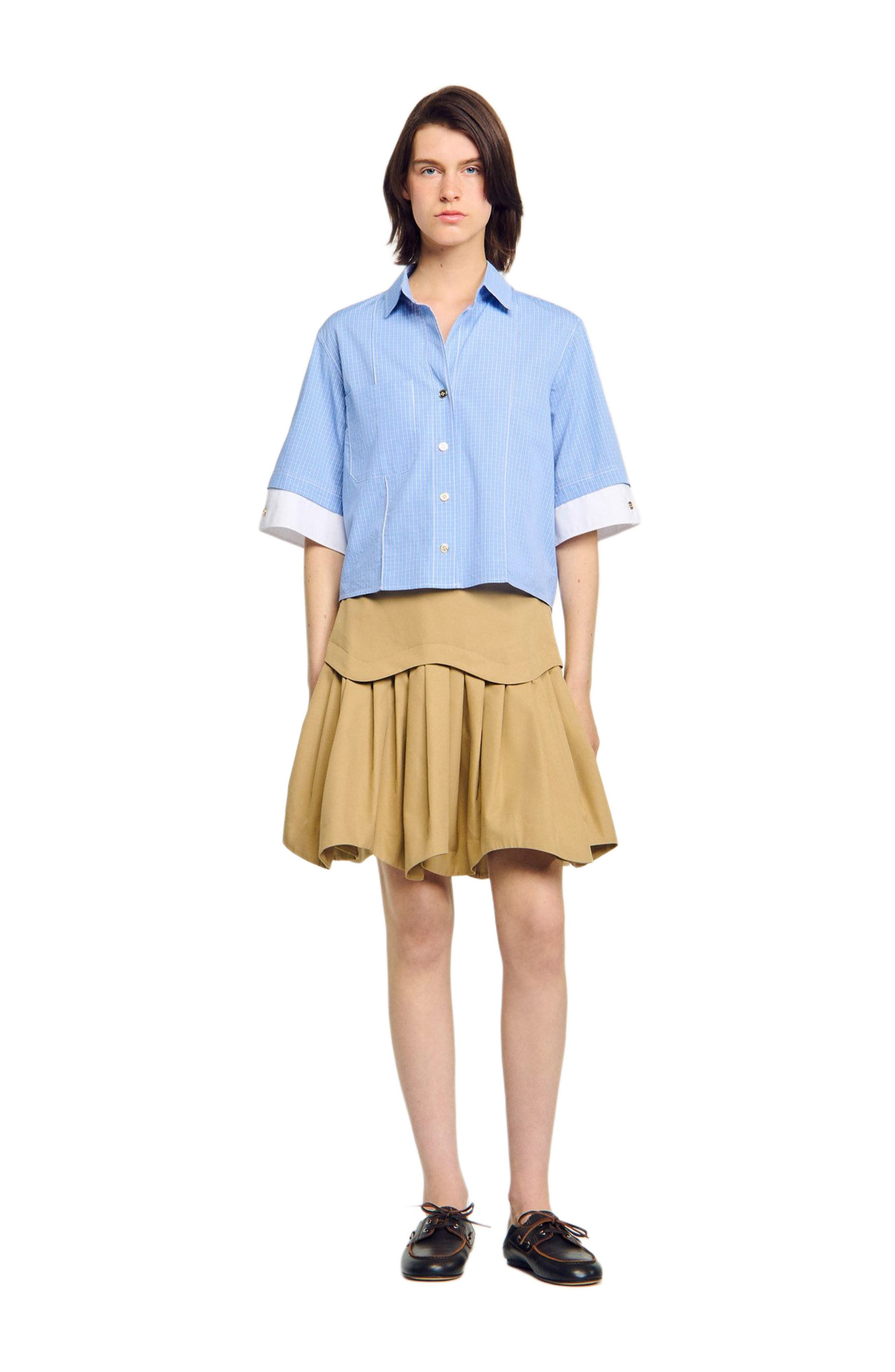 SANDRO Cropped small-check shirt in Ciel /Blanc at Nordstrom - 1