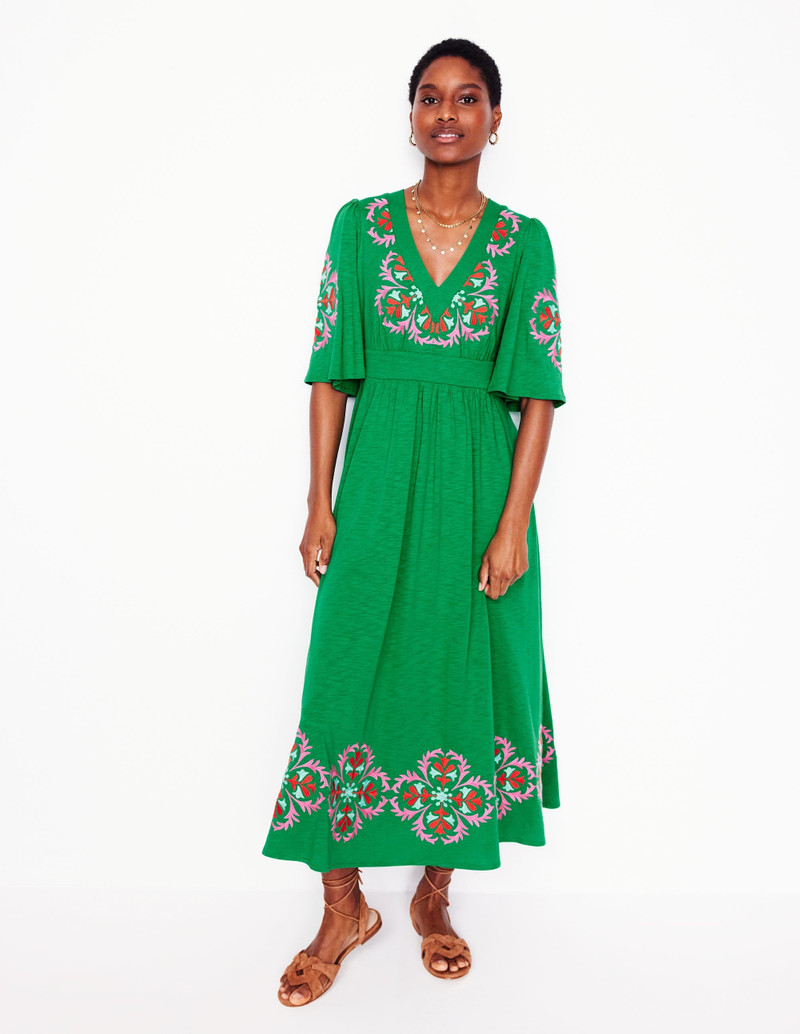 Maya Embroidered Kimono Dress-Rich Emerald, Embroidered 5