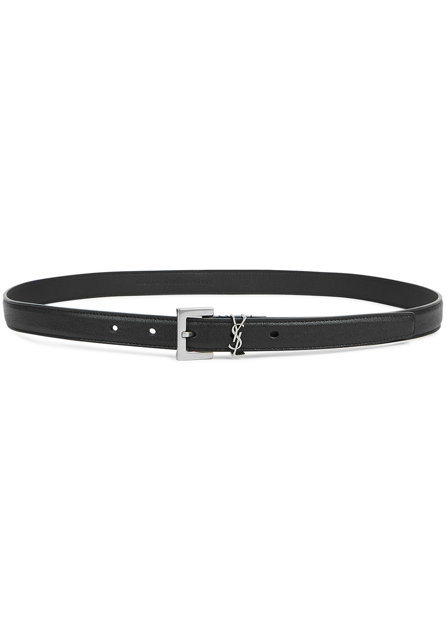 Black logo grained leather belt - 1