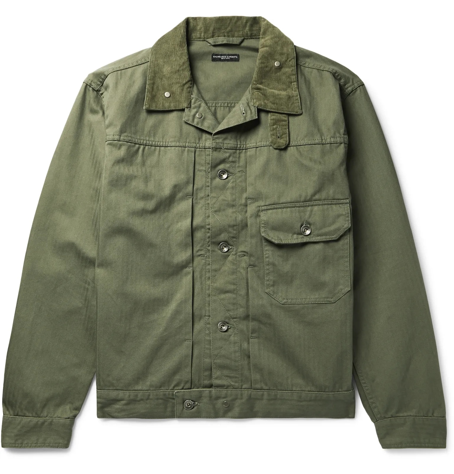 Camp-Collar Corduroy-Trimmed Herringbone Cotton-Twill Trucker Jacket - 1