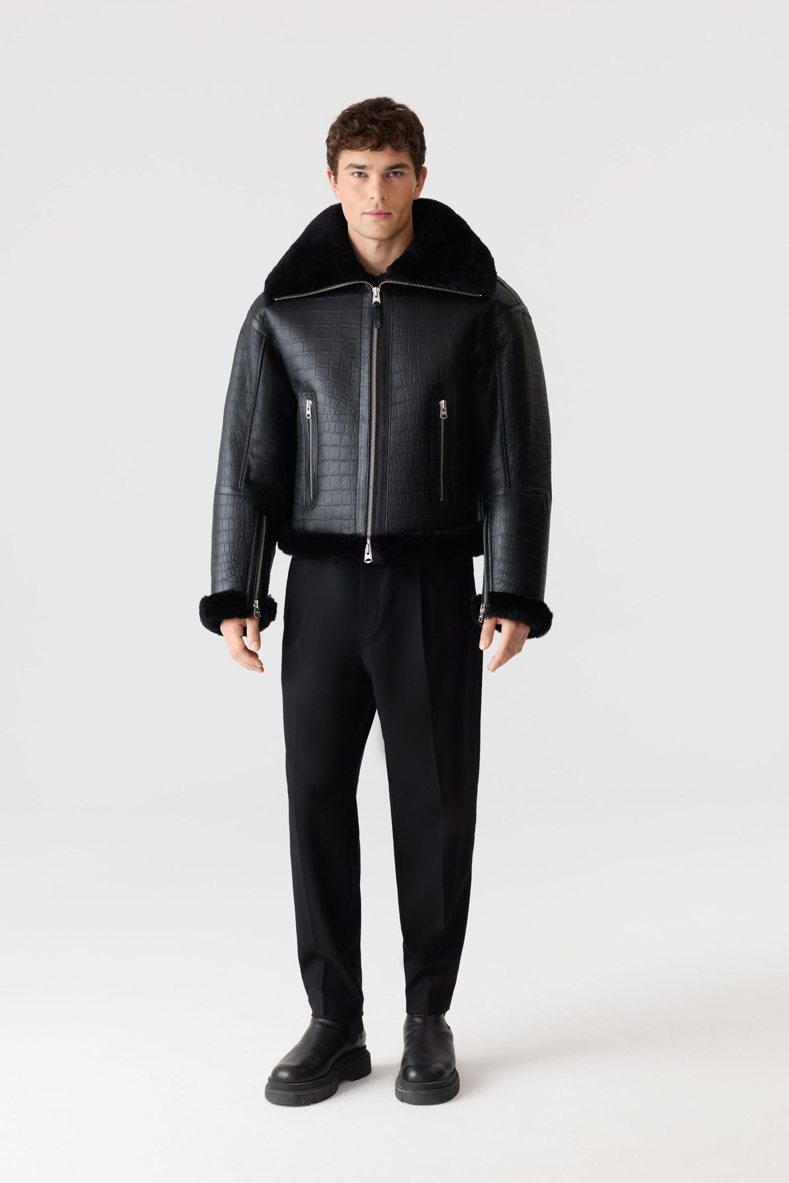 MEMPHIS Croc Embossed Oversized Shearling Jacket - 3