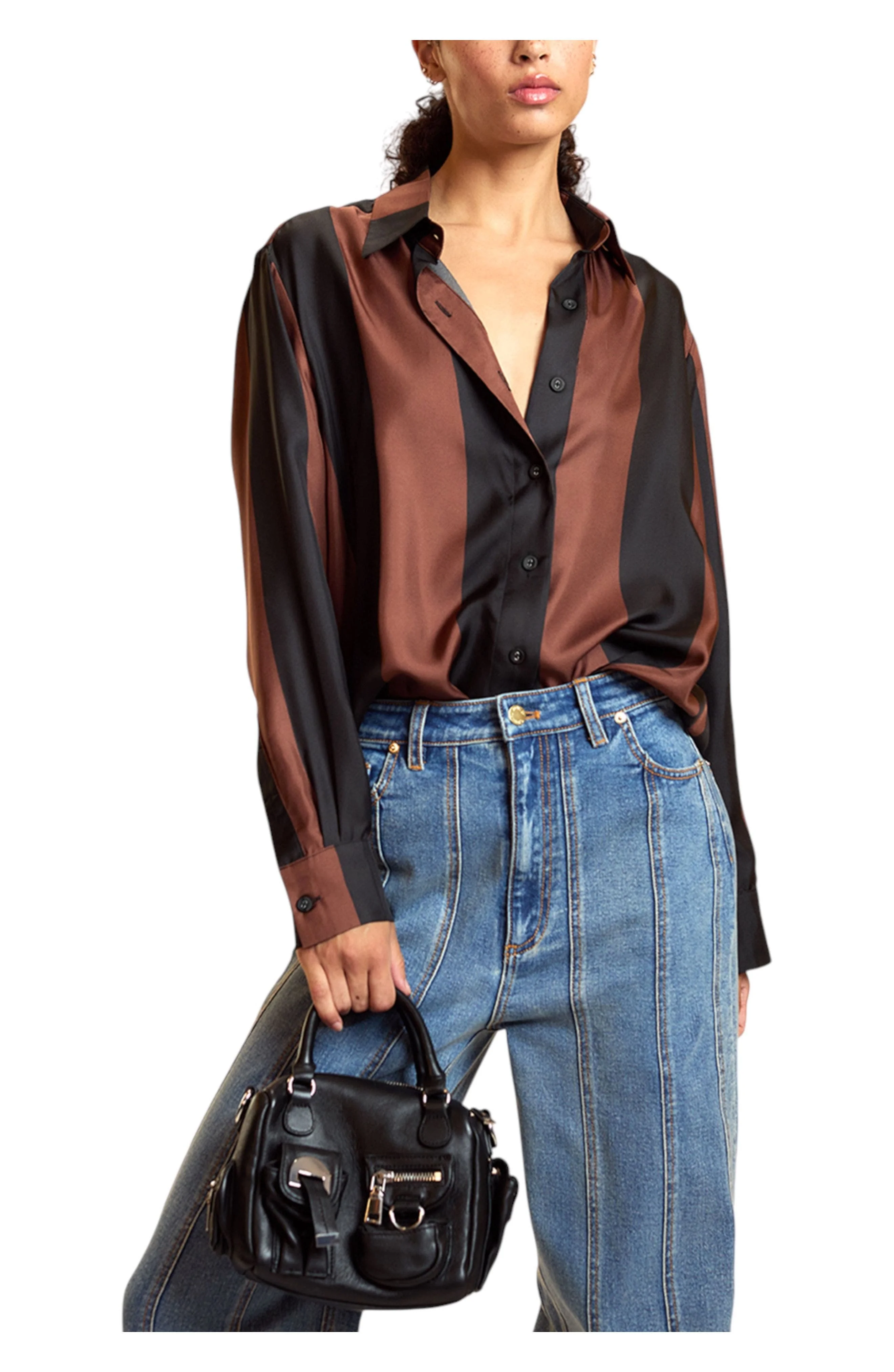 Cynthia Rowley Silk Stripes Button-Up Shirt in Black/brown at Nordstrom - 1