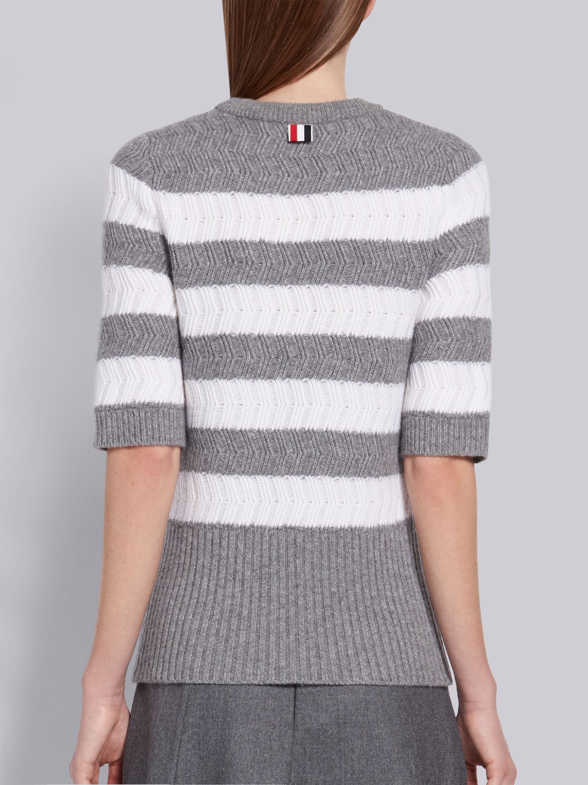 Light Grey Cashmere Rackiting Stich Striped Crewneck Short Sleeve Tee - 3