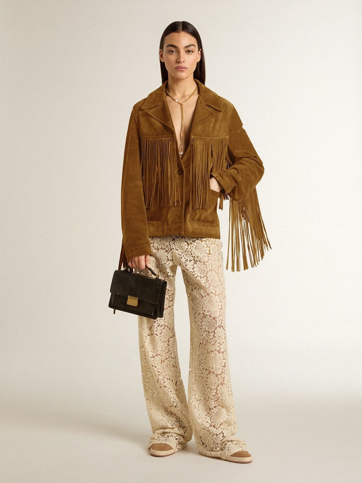 Women’s tobacco-colored suede jacket women with fringes - 3