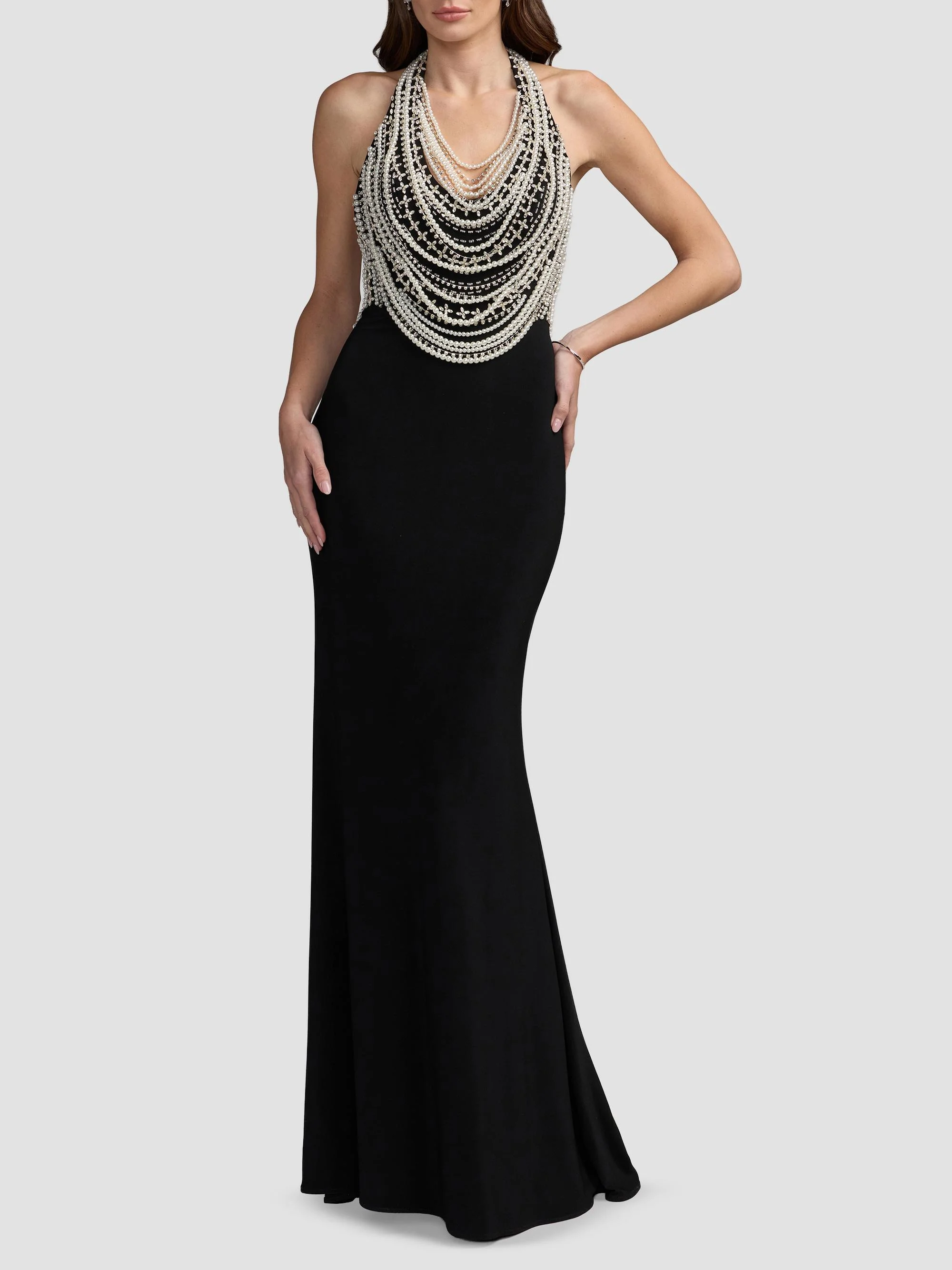 Women's Beaded Jersey Halterneck Sleeveless Gown - Black - 1