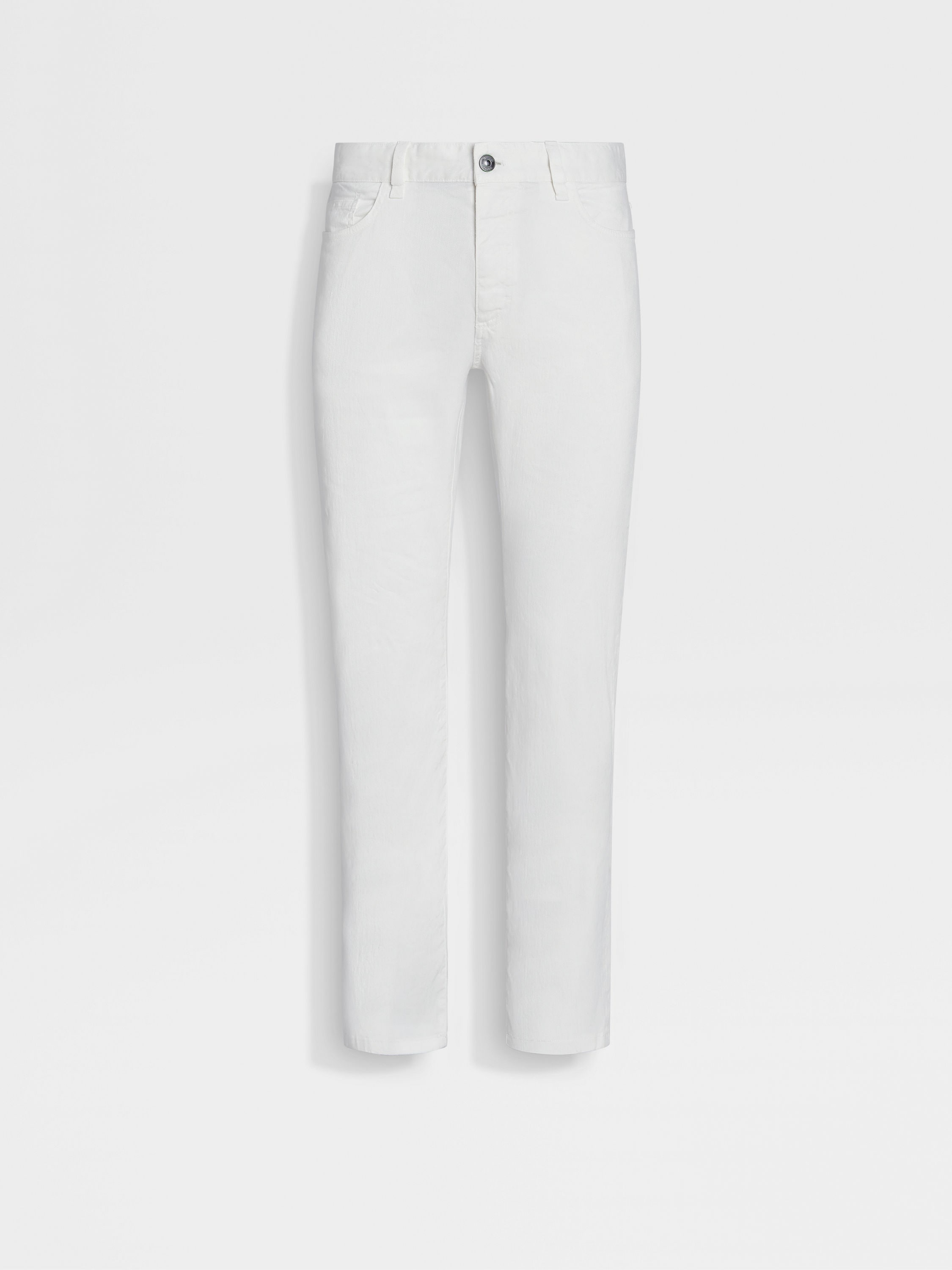 WHITE STRETCH LINEN AND COTTON ROCCIA JEANS - 1