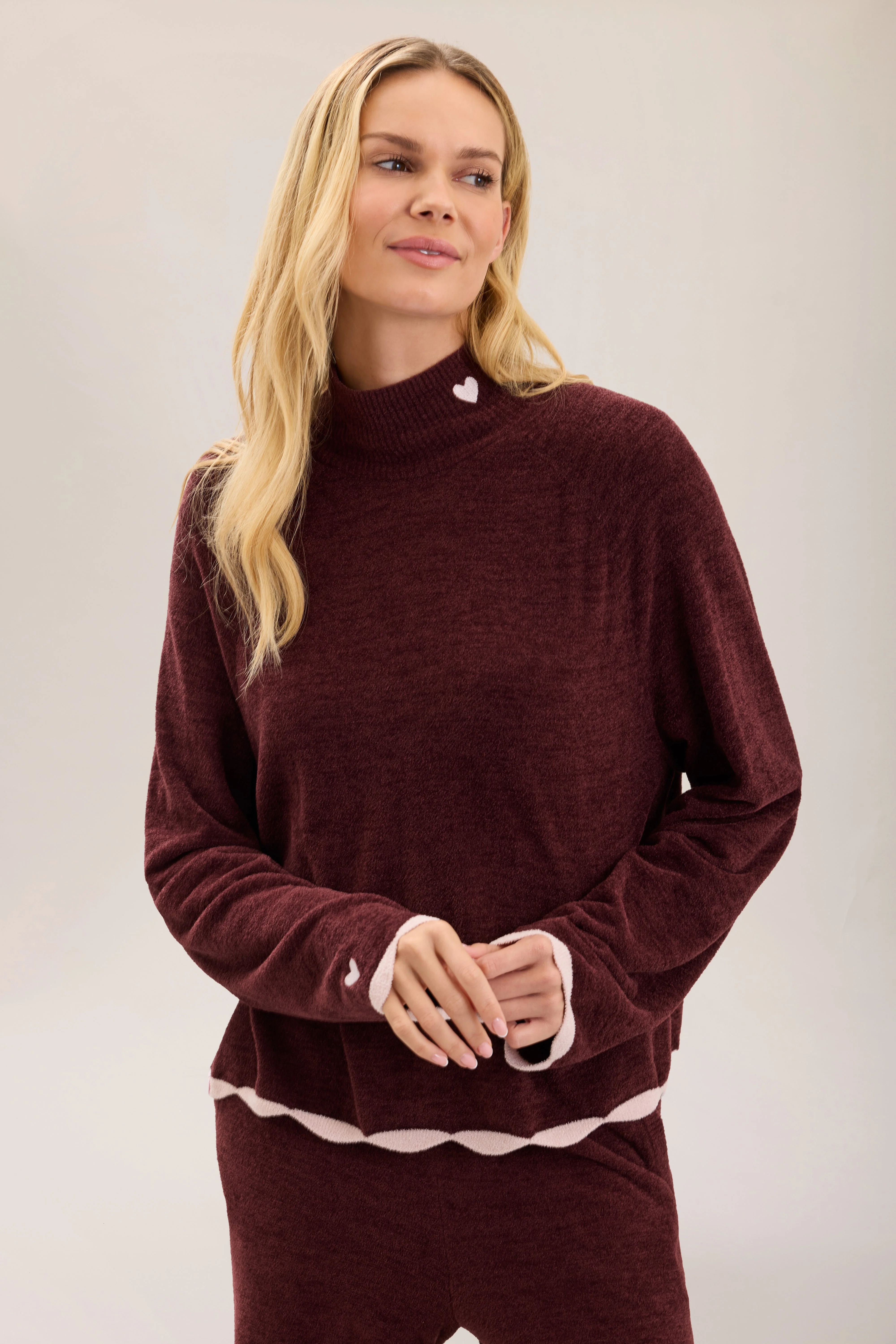 CozyChic Ultra Lite® Scallop Contrast Heart Mock Neck Pullover - 1