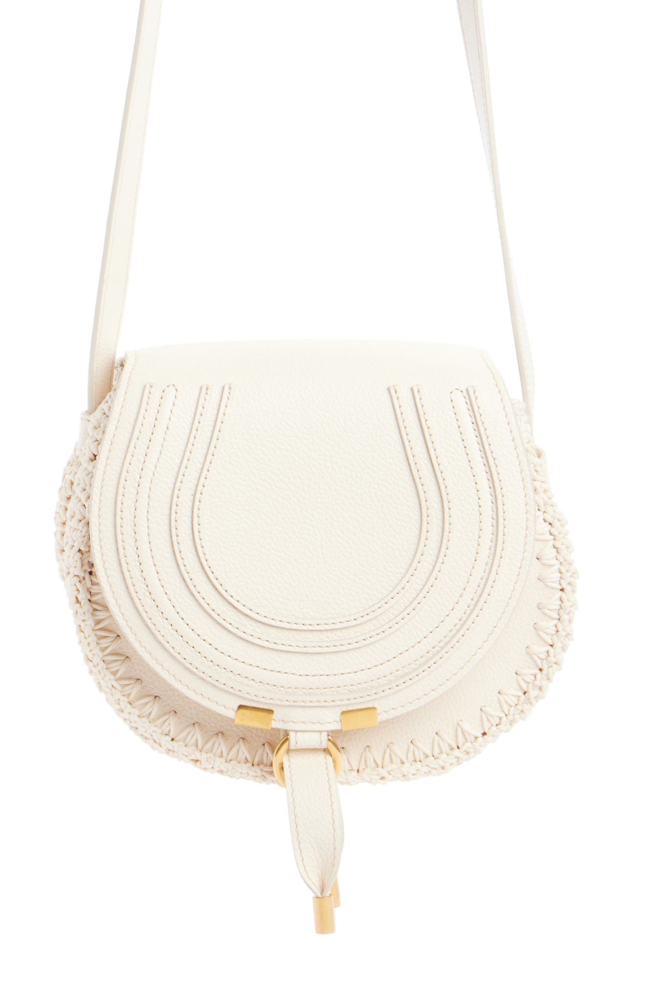 Chloé Small Marcie Crochet Trim Leather Crossbody Bag in White at Nordstrom - 1