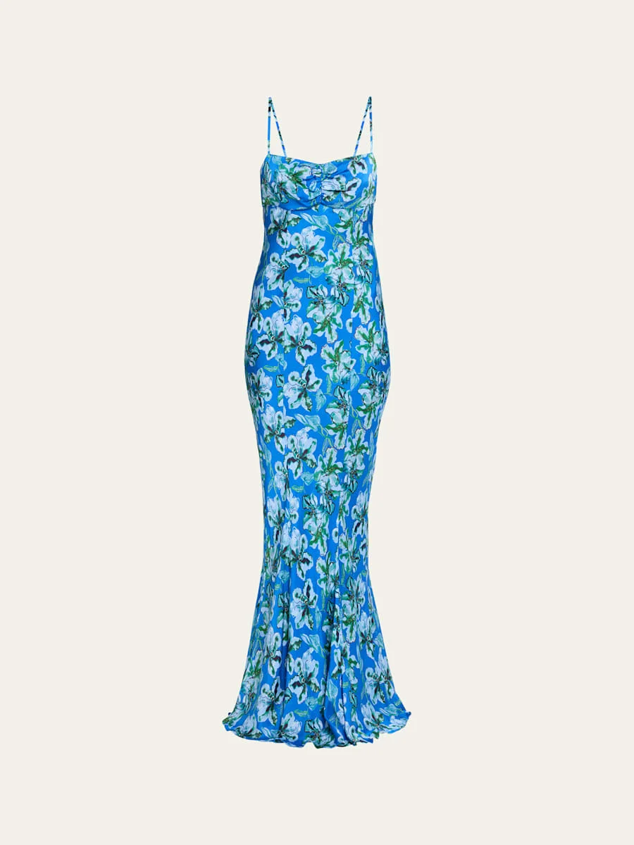Renee Long Floral Silk Spaghetti-Strap Dress - 1