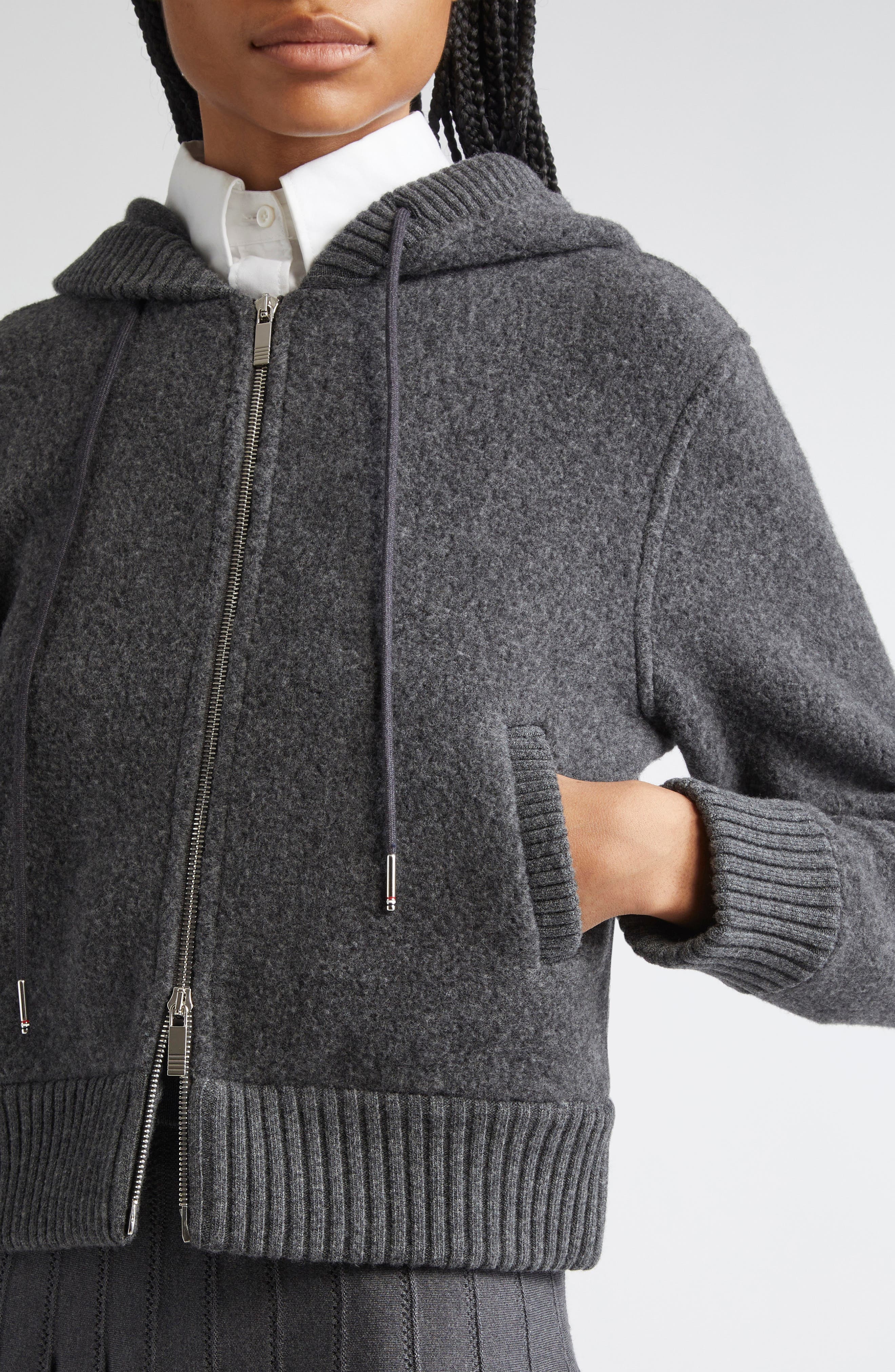 Thom Browne Wool Fleece Full Zip Hoodie in Charcoal at Nordstrom - 5