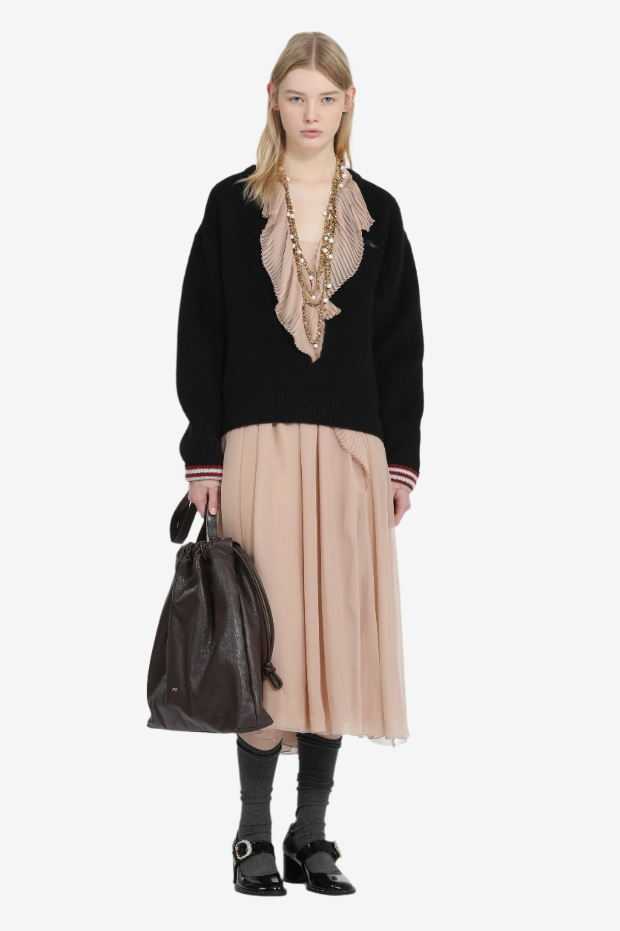 LONG DRESS WITH CROSSOVER NECKLINE AND DRAWSTRING WAIST - 4