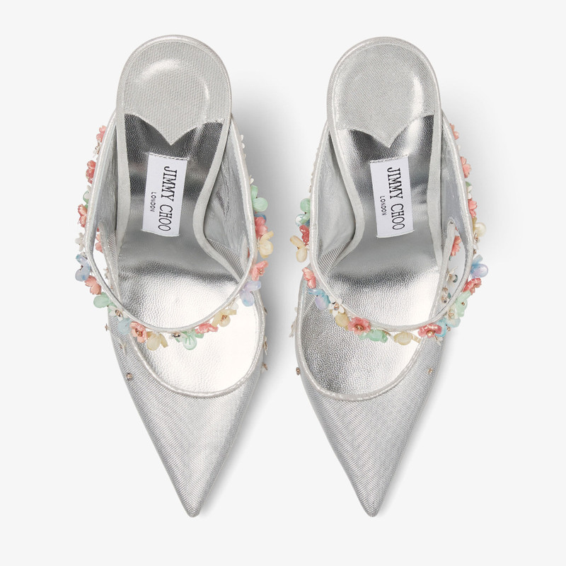 Bing Daisy 100 Silver Metallic Mesh Mule with Floral Embellishments 4