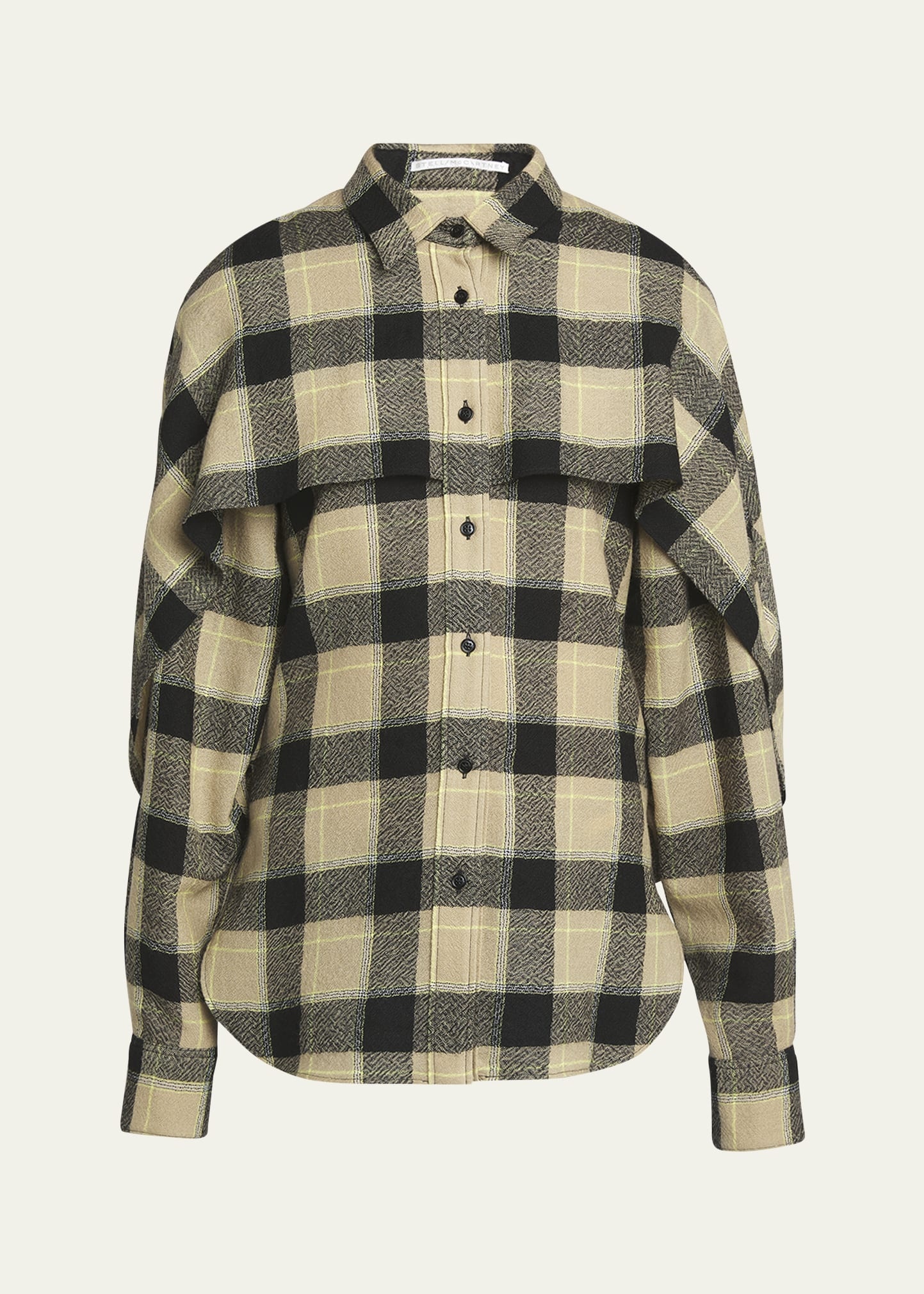 Plaid Wool Cape Detail Long-Sleeve Shirt - 1