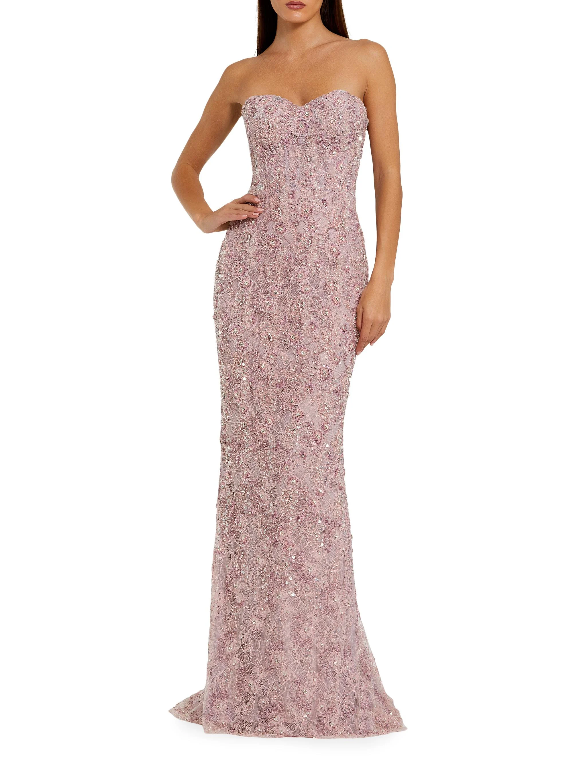 Women's Embellished Floral Lace Strapless Gown - Rose - 1