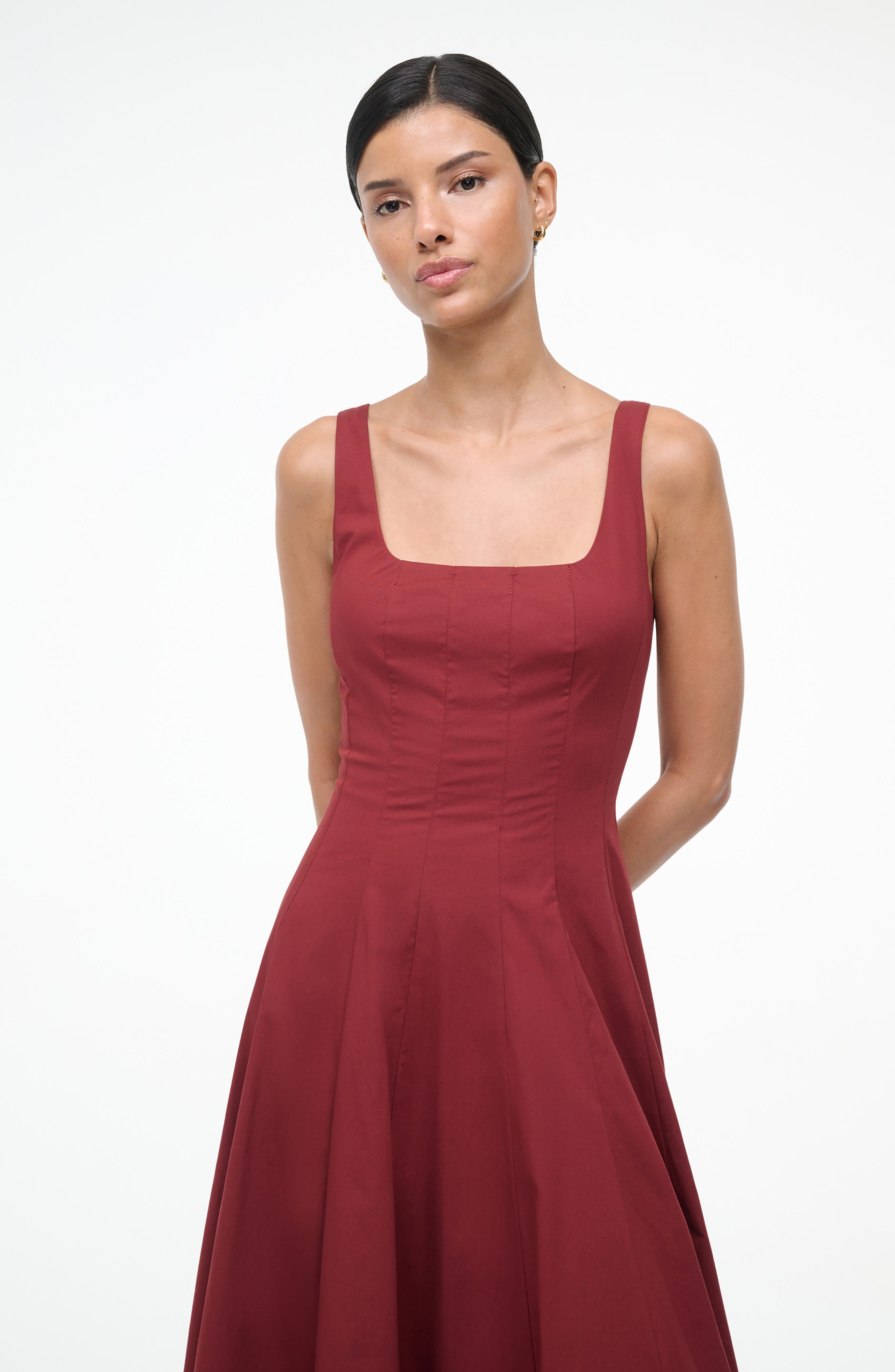 STAUD Wells Stretch Cotton Fit & Flare Midi Dress in Sangria at Nordstrom - 4