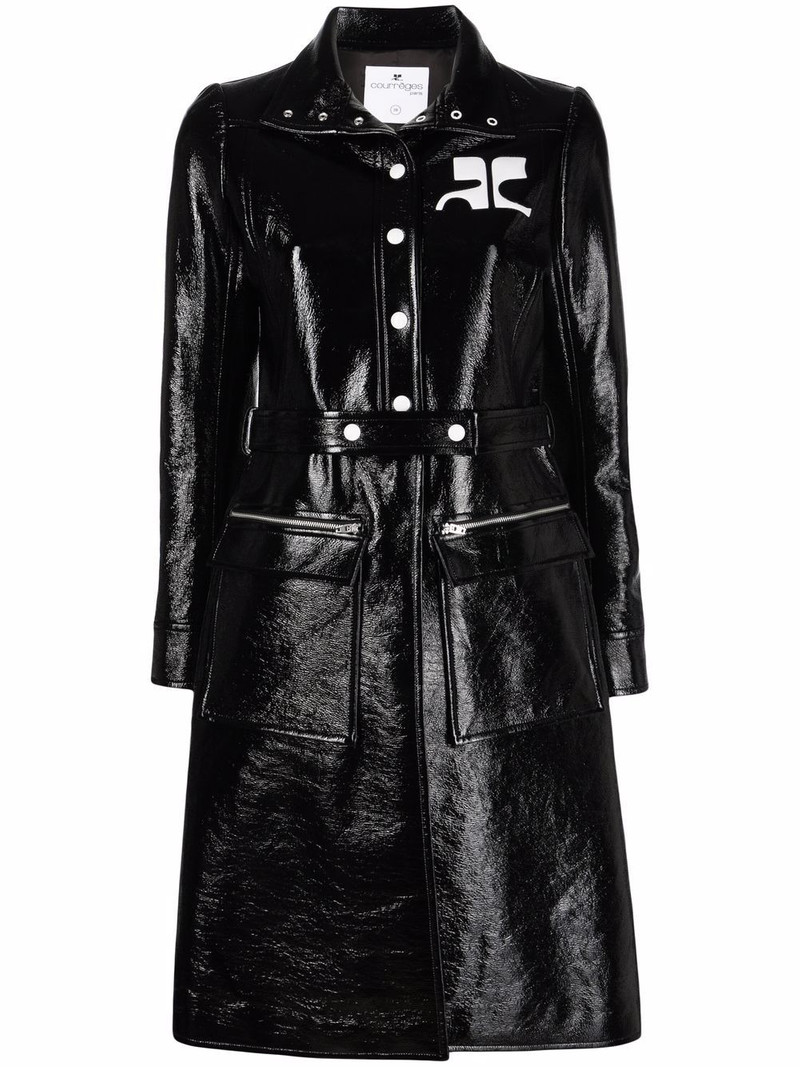 logo-print lacquered-effect trench coat 1