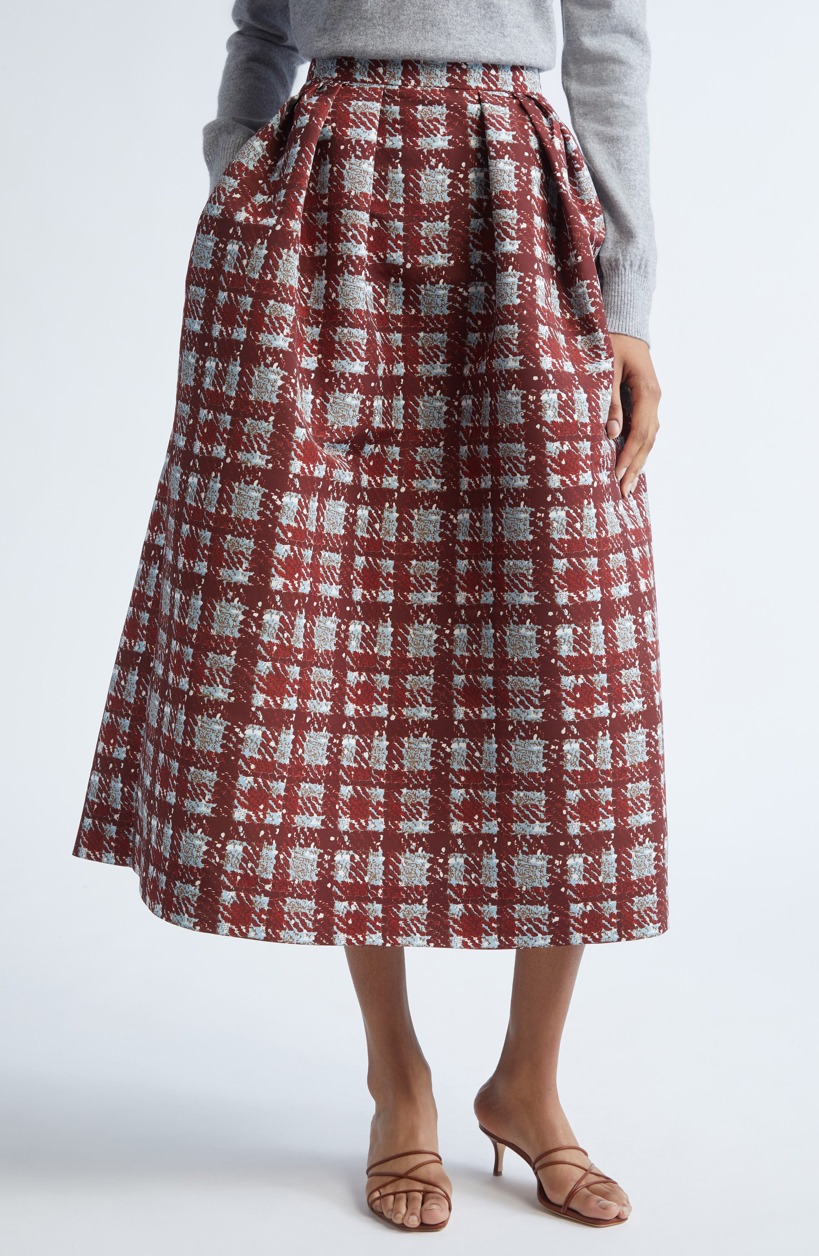 Oscar de la Renta Plaid Textured Faille A-Line Skirt in Burgundy/Blue at Nordstrom - 1