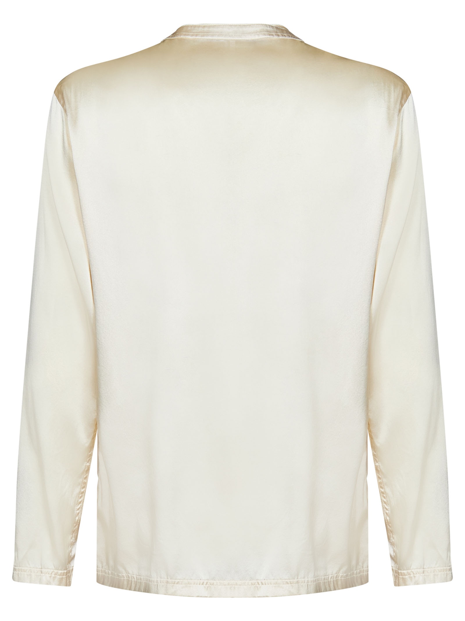 Pearl-colored stretch silk pajama shirt with henley collar and logo label. - 2