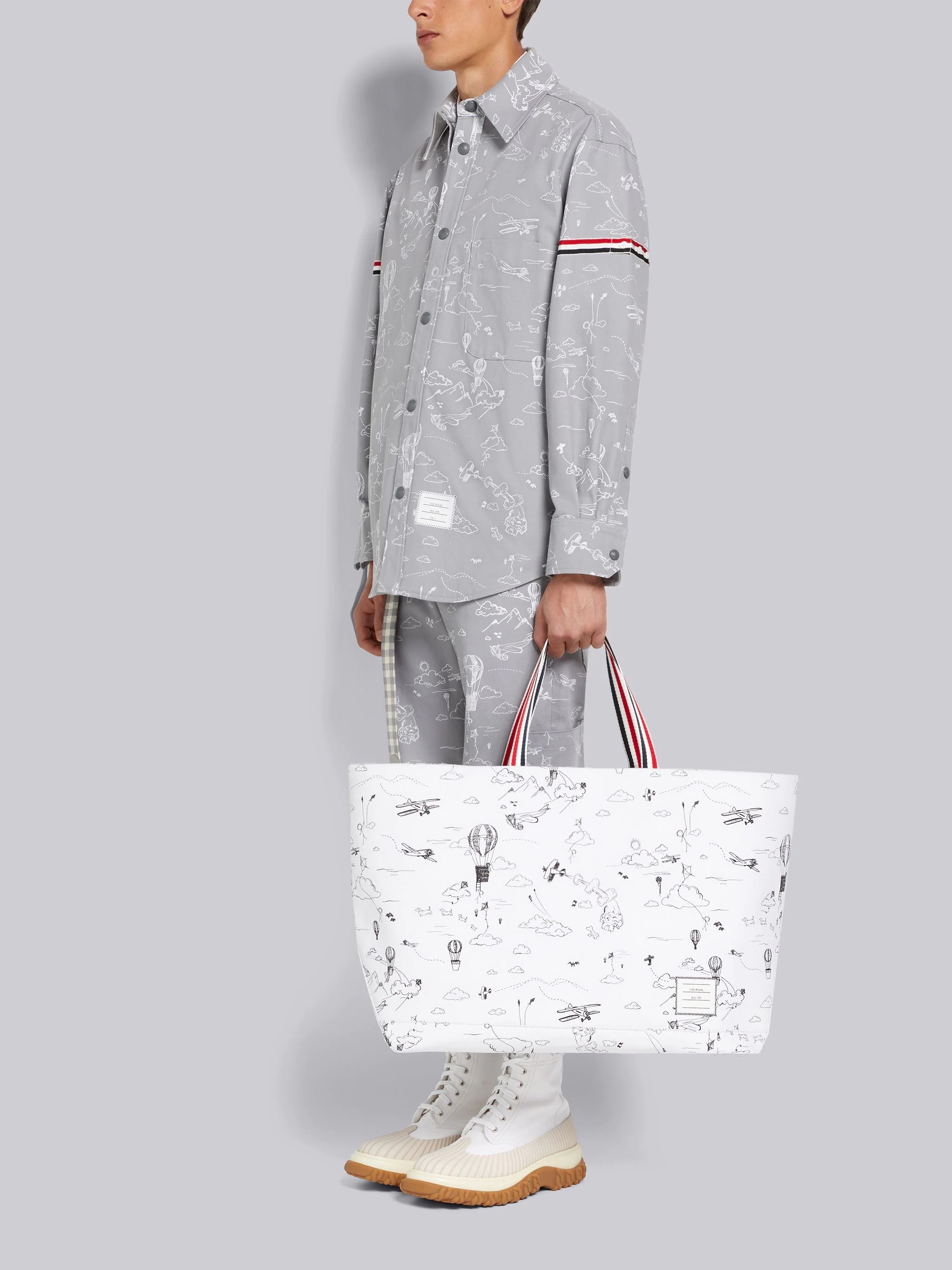 Black and White Cotton Canvas Sky Motif Drawstring Large Tool Tote - 6