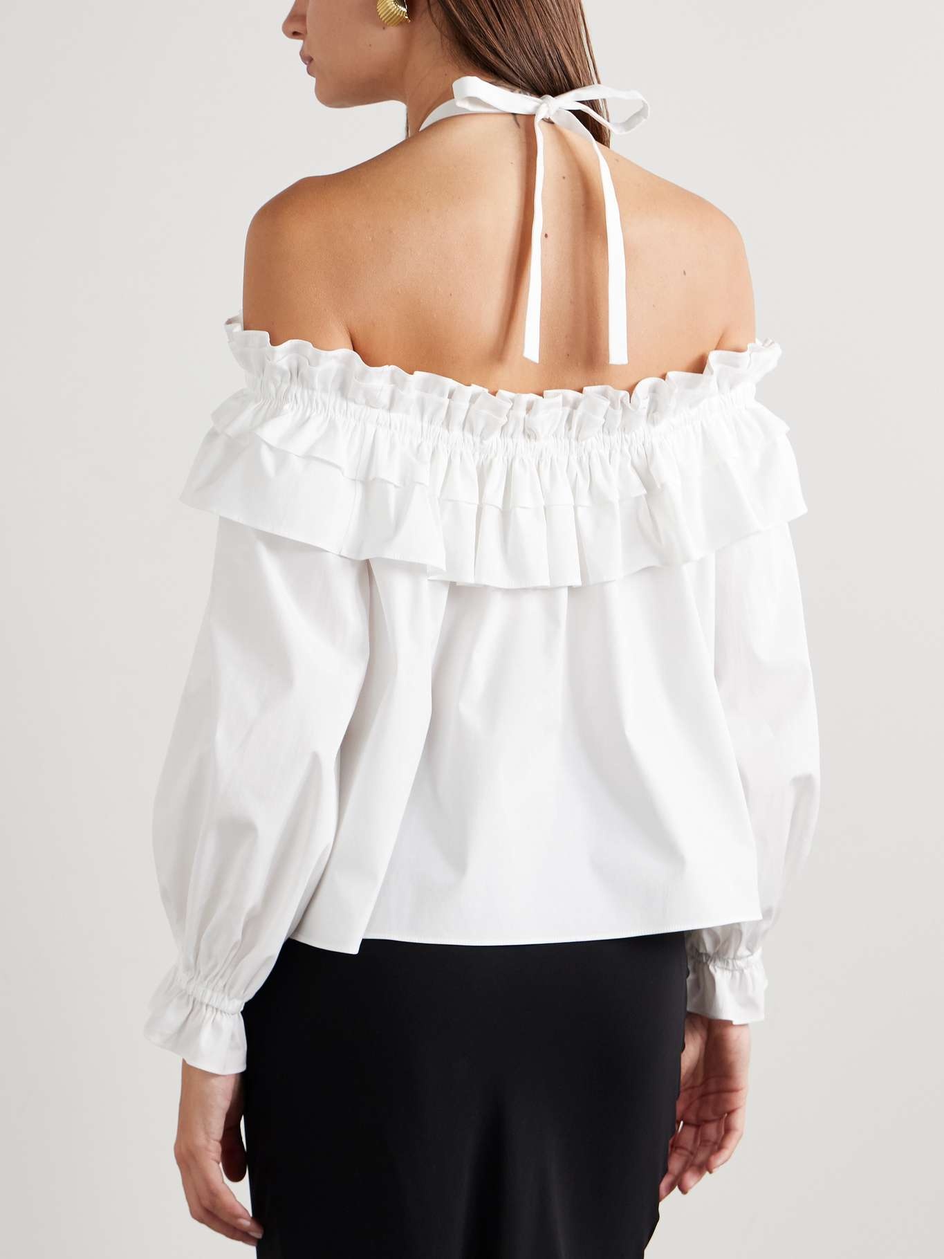 Off-the-shoulder ruffled appliquéd cotton-blend poplin halterneck blouse White - 3