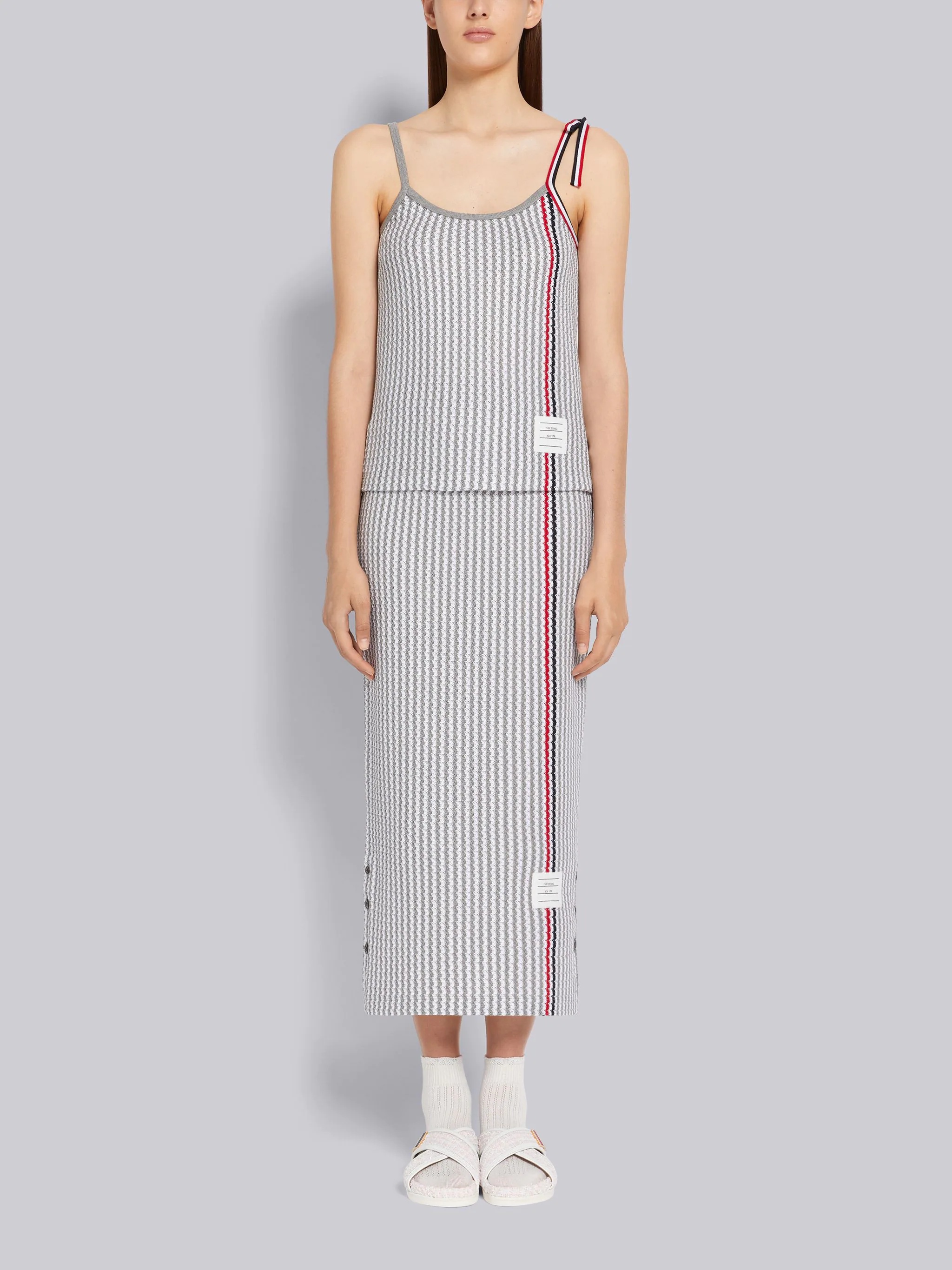 Light Grey University Stripe Cotton Tweed Engineered Stripe Side Vent Calf Length Skirt - 4
