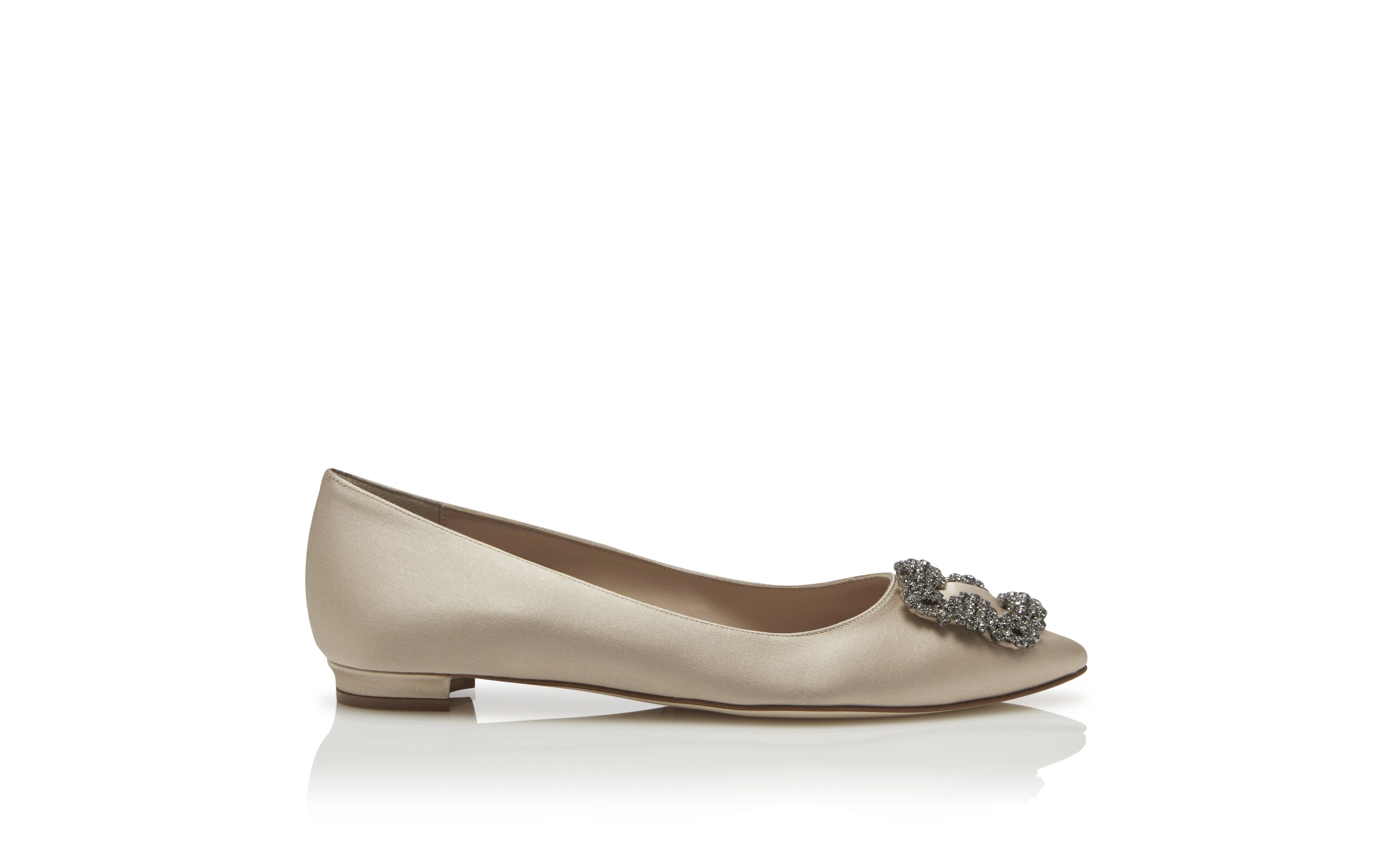 Champagne Satin Jewel Buckle Flat Shoes - 1