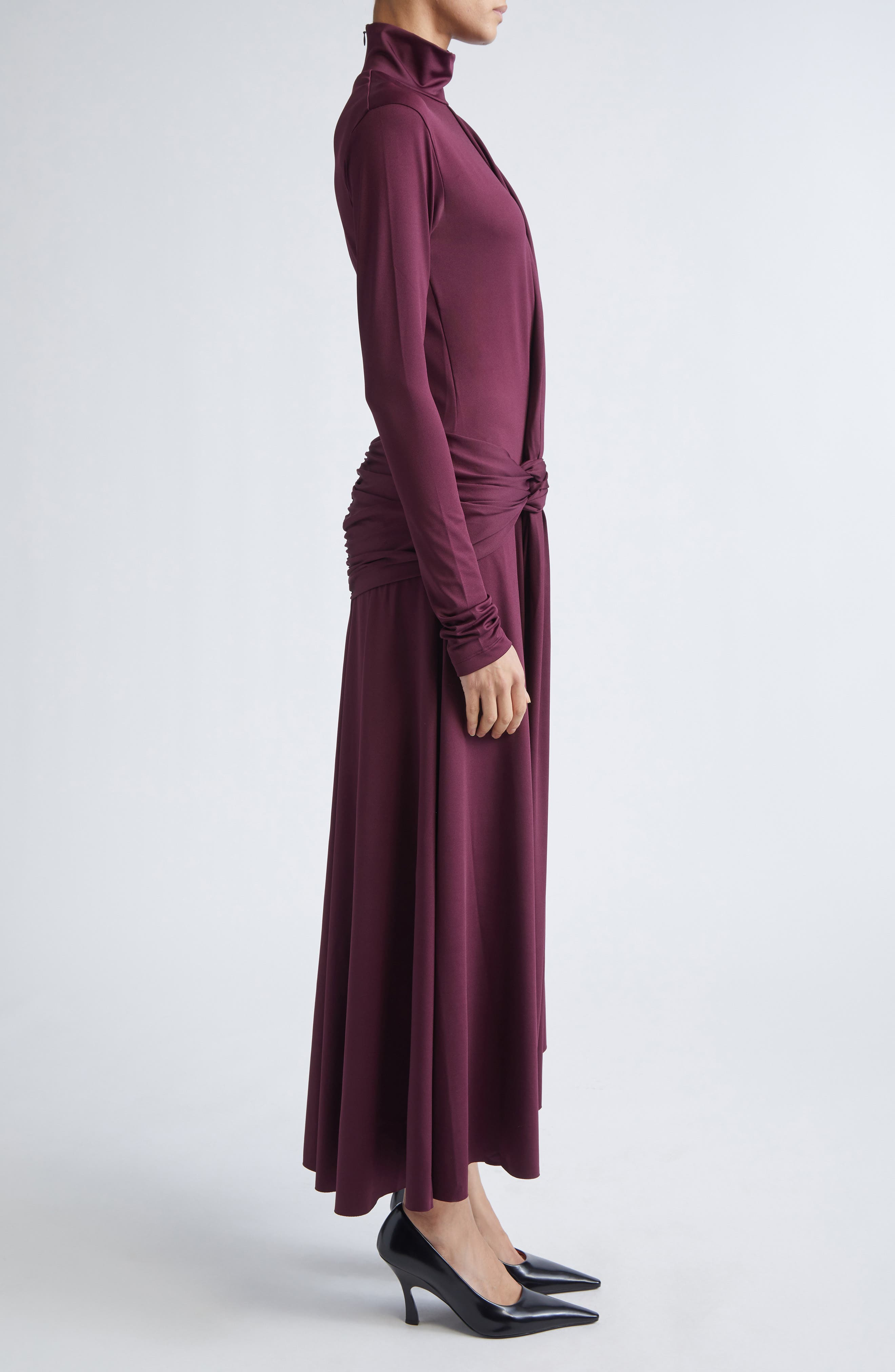 Victoria Beckham Asymmetric Mock Neck Long Sleeve Midi Dress in Merlot at Nordstrom - 3