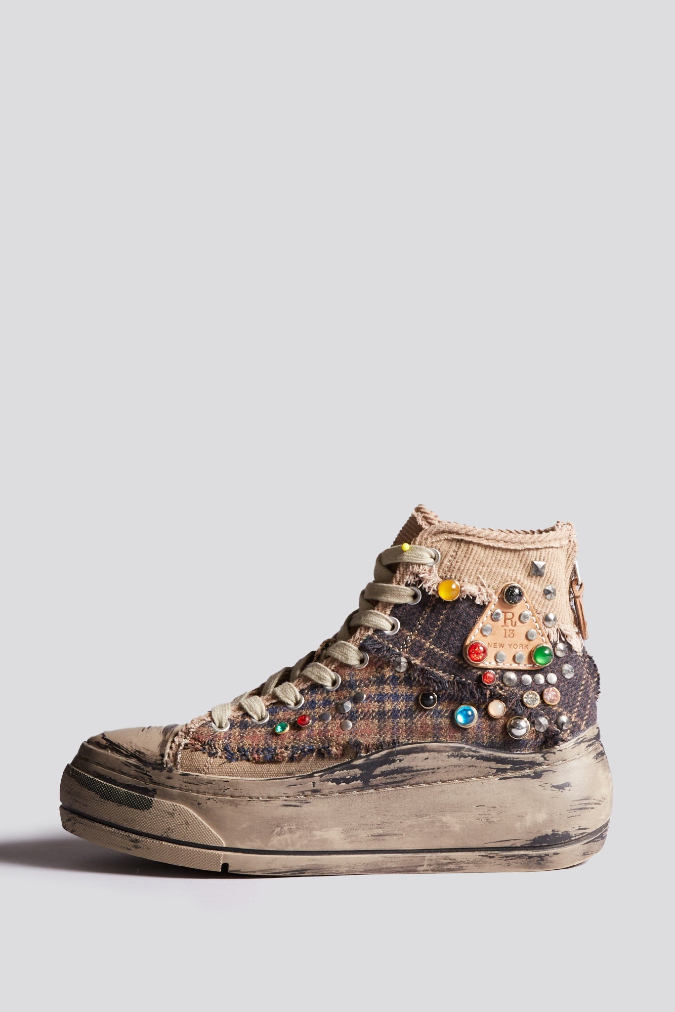 KURT HIGH TOP SNEAKER - PLAID PATCHWORK WITH STUDS ALLOVER -R13 - 1