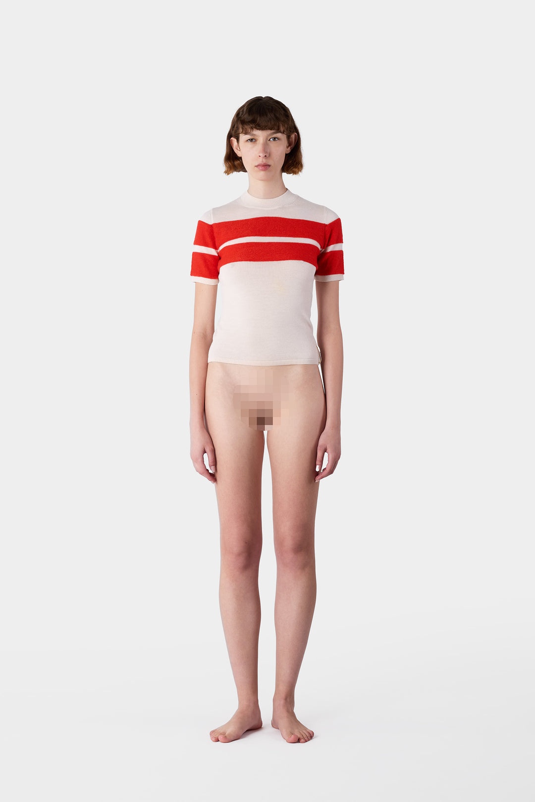 STRIPED KNIT SHORTSLEEVE TOP / off white & acid red - 4