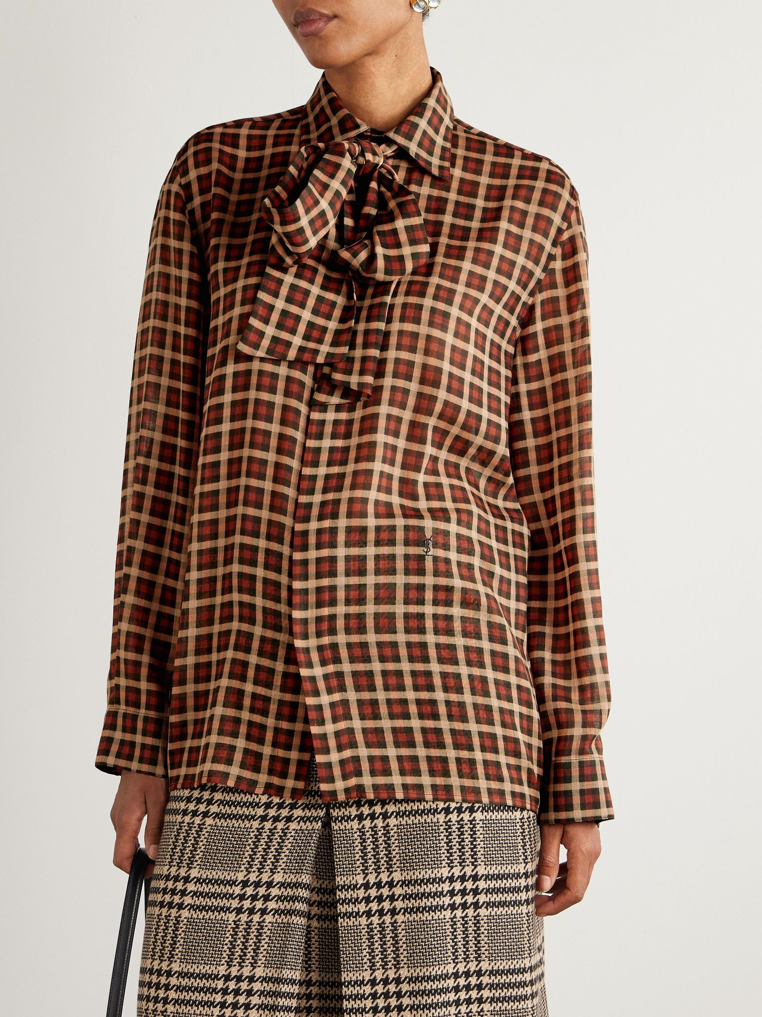 Pussy-bow checked wool shirt Brown - 3