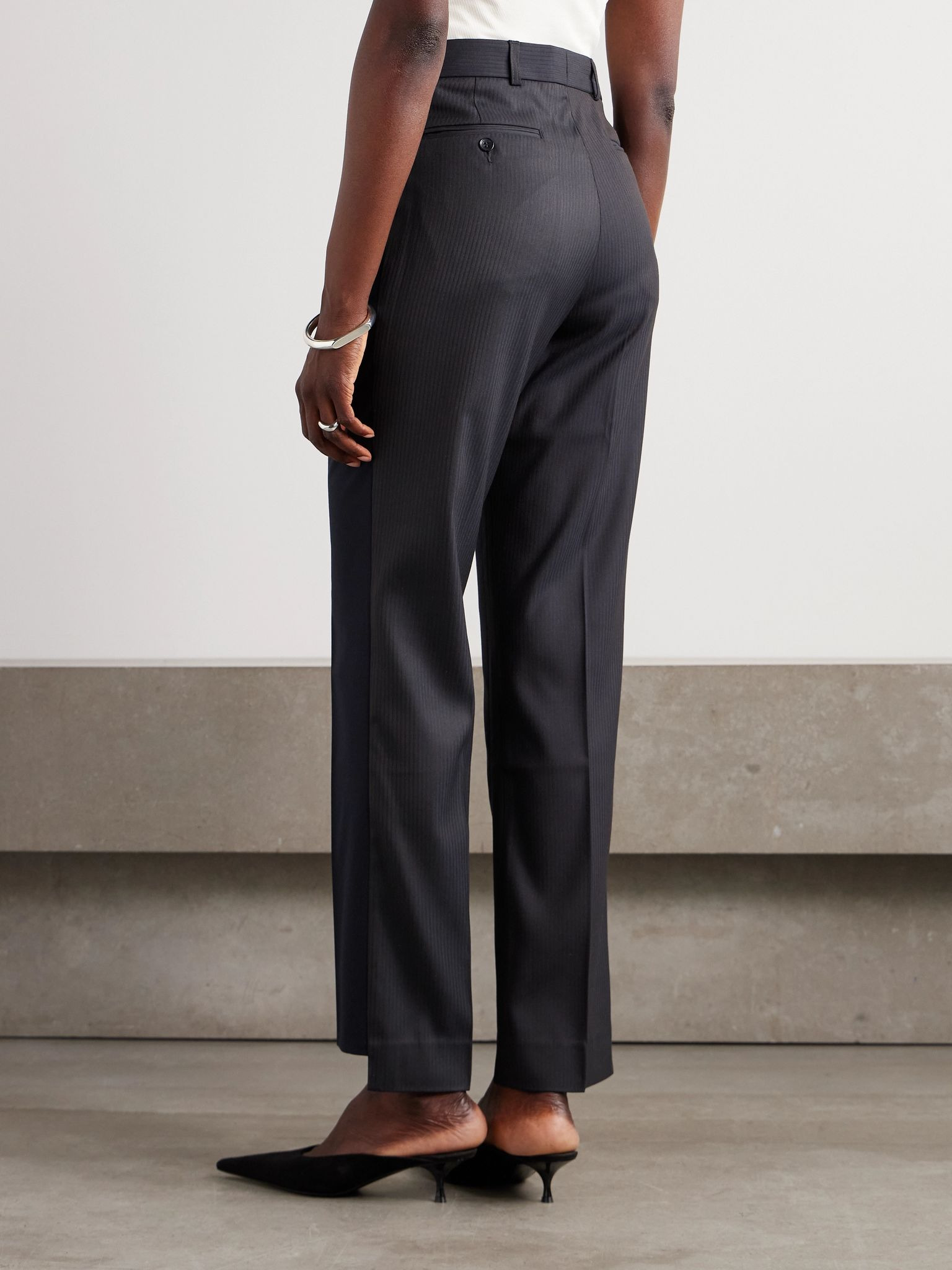 Asymmetric pleated two-tone wool-blend straight-leg pants Navy - 4