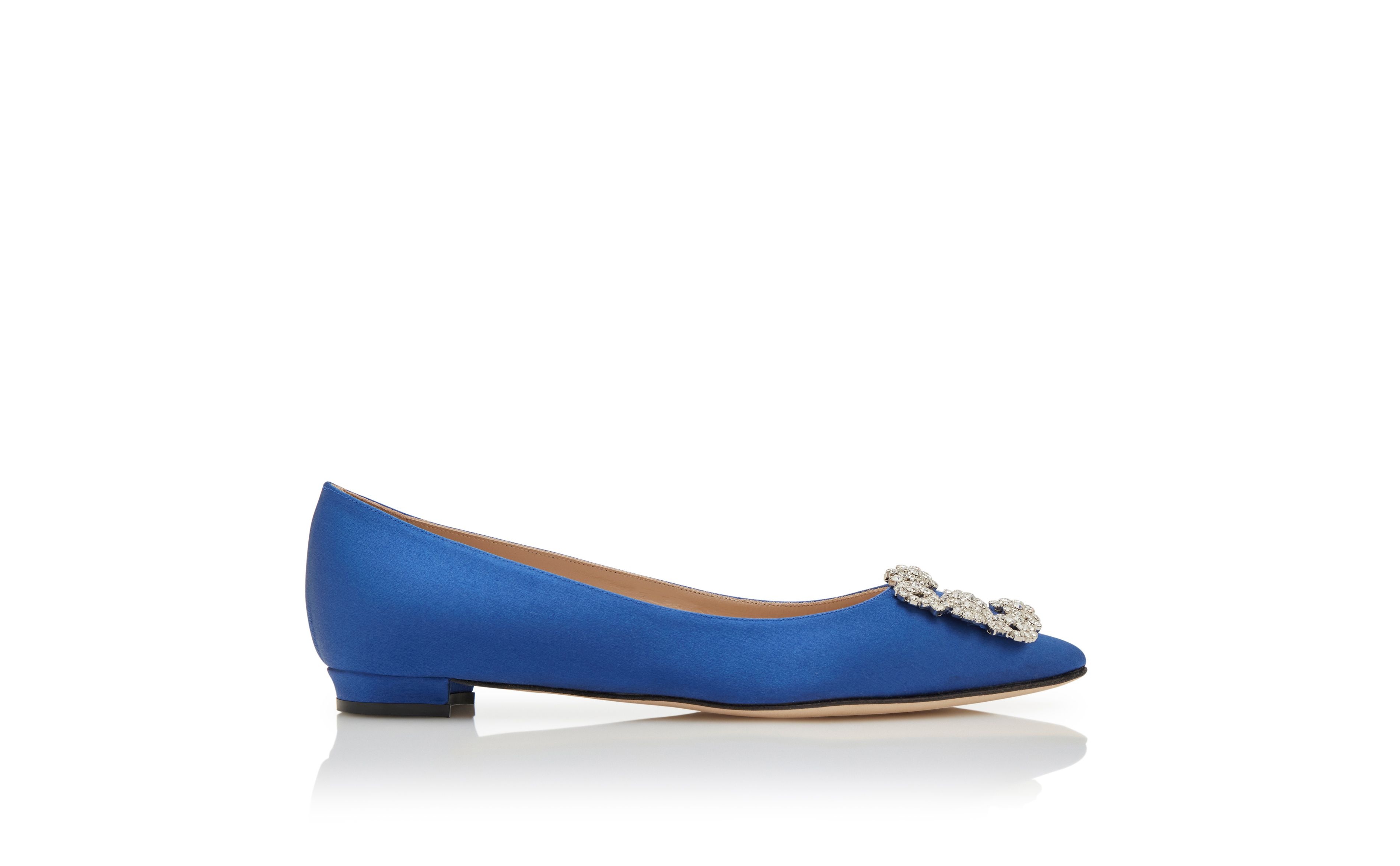 Blue Satin Jewel Buckle Flat Pumps - 1