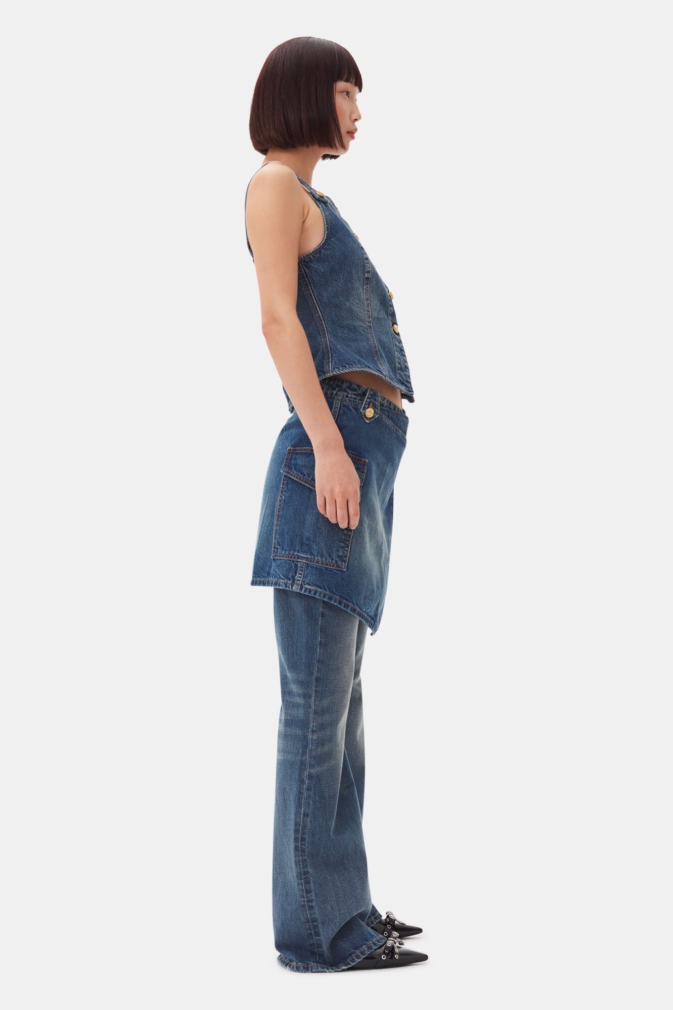 DARK BLUE HEAVY WASHED FLARED SKIRT JEANS - 3